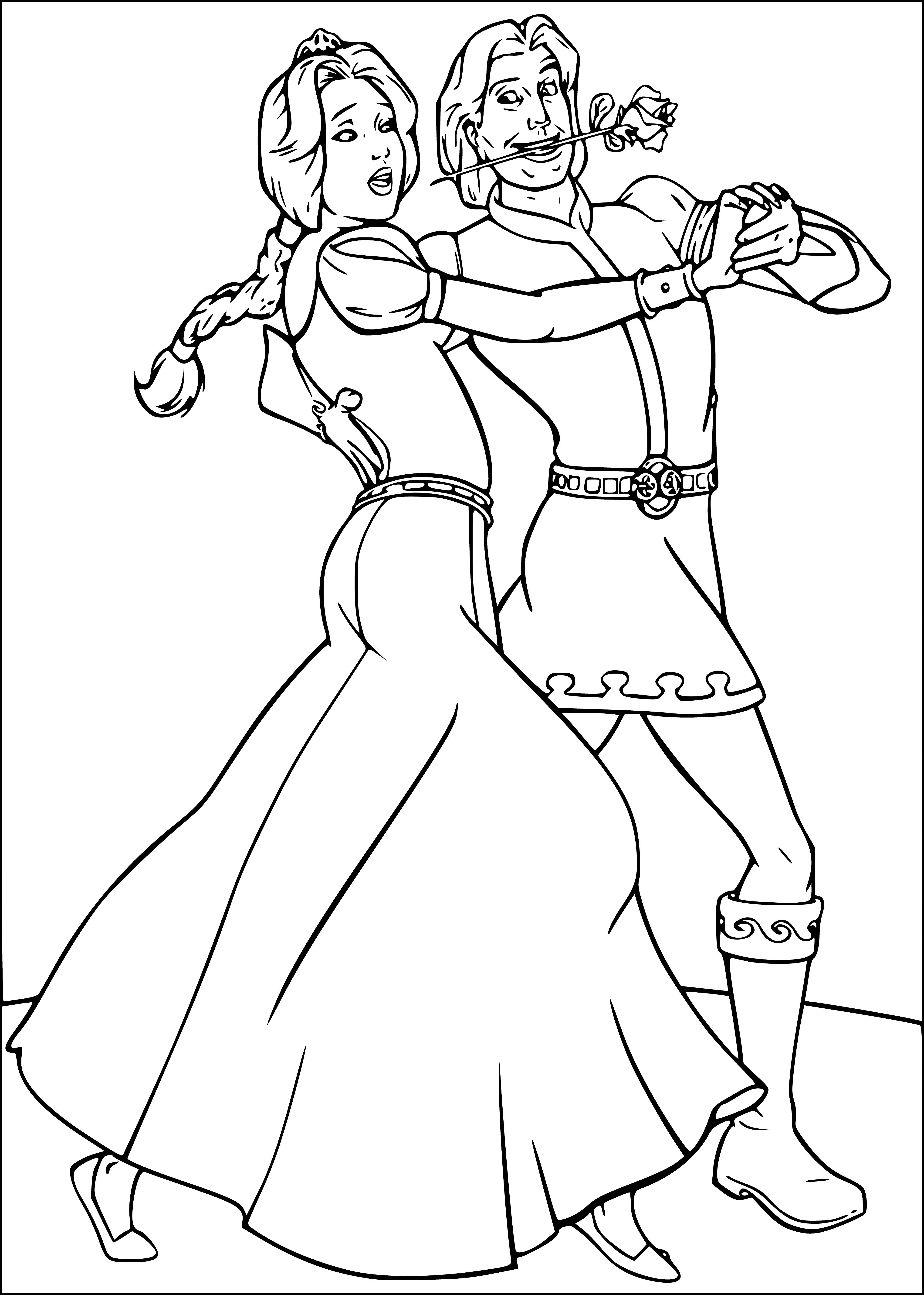 coloring page: Shrek the green ogre towers over scared human prince, shield and sword in hand, wearing purple cape and crown.