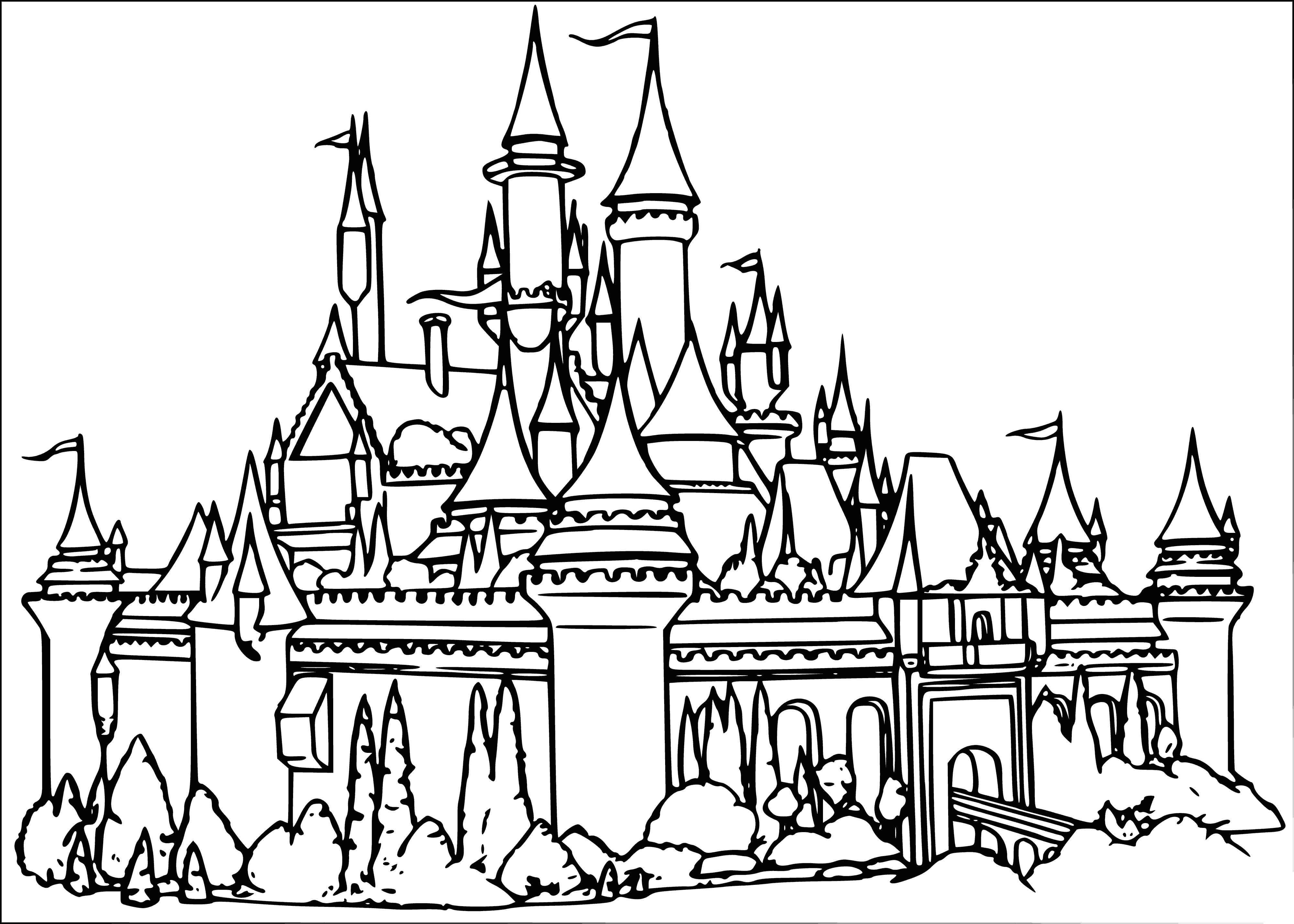 coloring page: A castle on a cliff, moat, thick stone walls, turrets, small windows w/bars, & big wooden door.