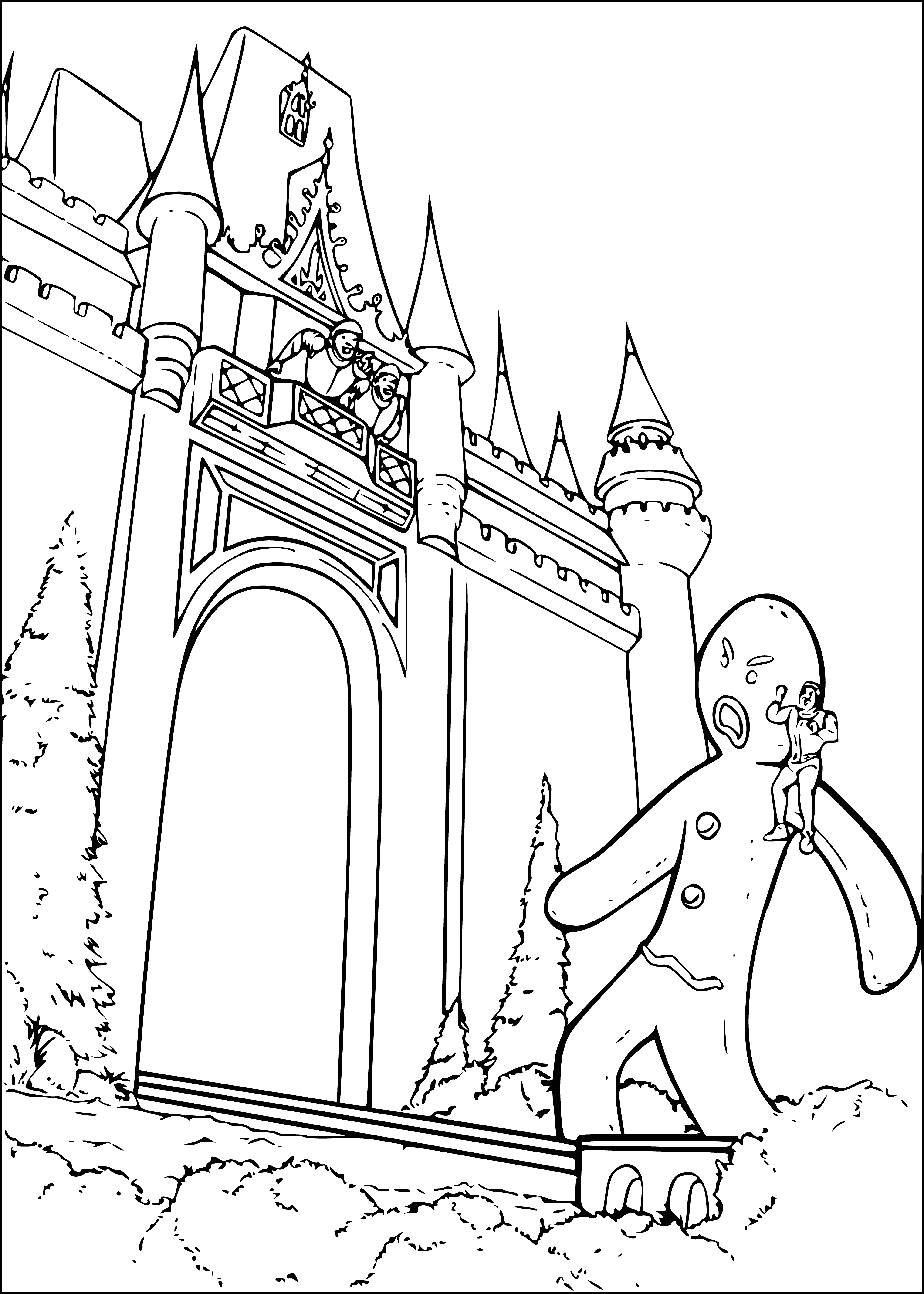 coloring page: Ogre & sandman meet in a deserted street. Ogre is muscular & carrying a stick & sack. Sandman is made of sand & looks kindly on the ogre with a look of pity.