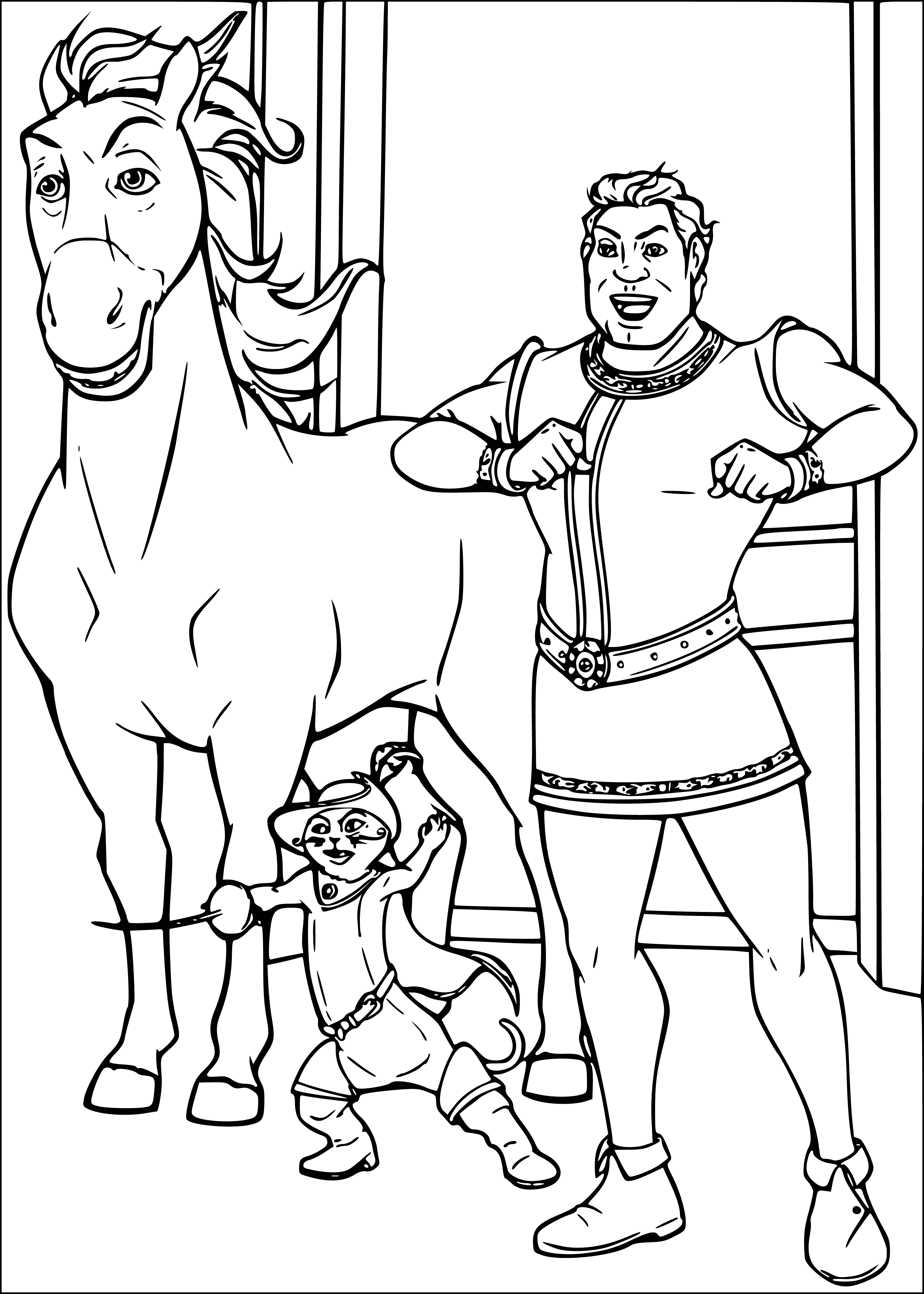 coloring page: Shrek, Fiona, and Donkey explore a castle, meeting many characters and gazing at something mysterious.