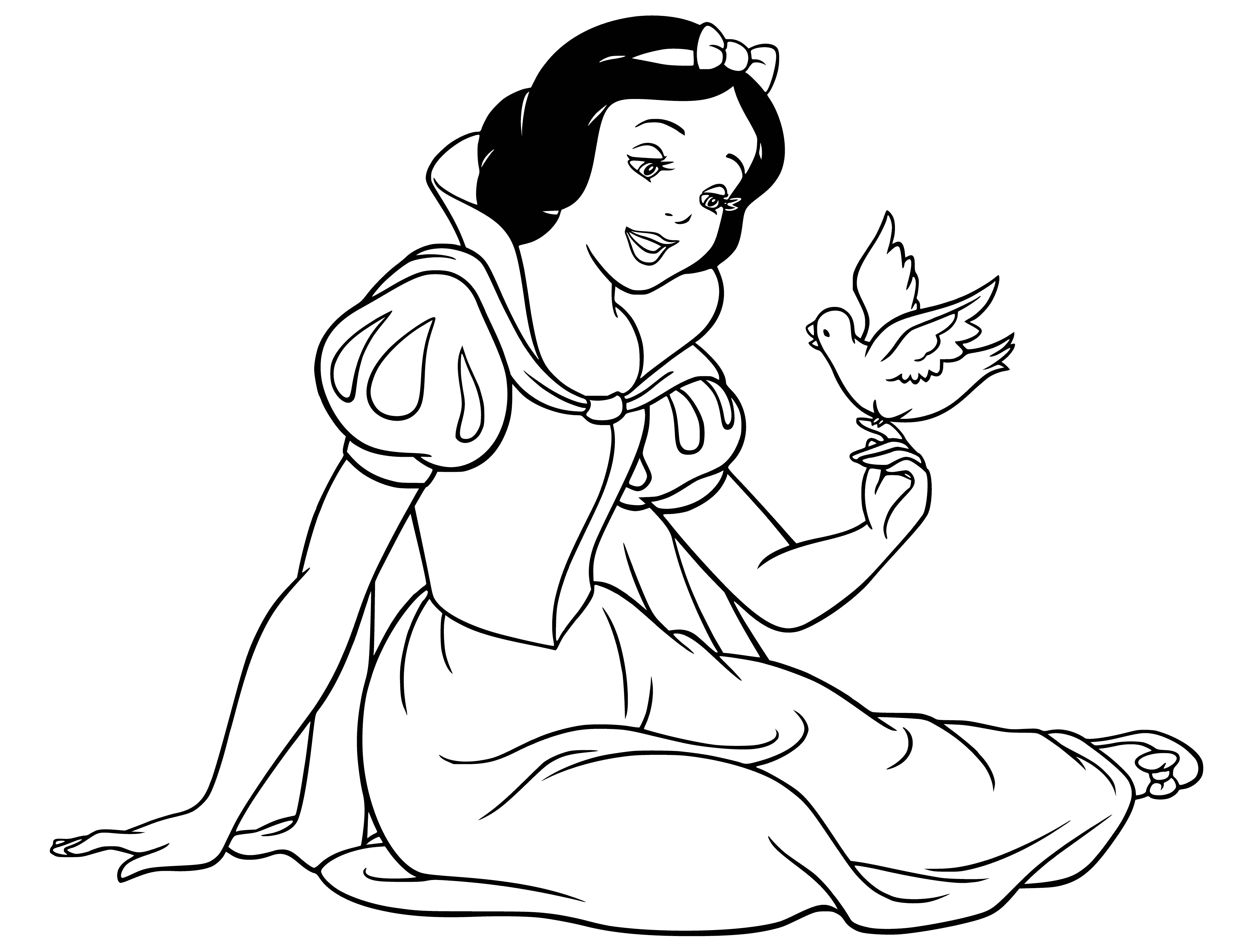 coloring page: Snow White stands sadly before a bird cage, looking at the bird within.