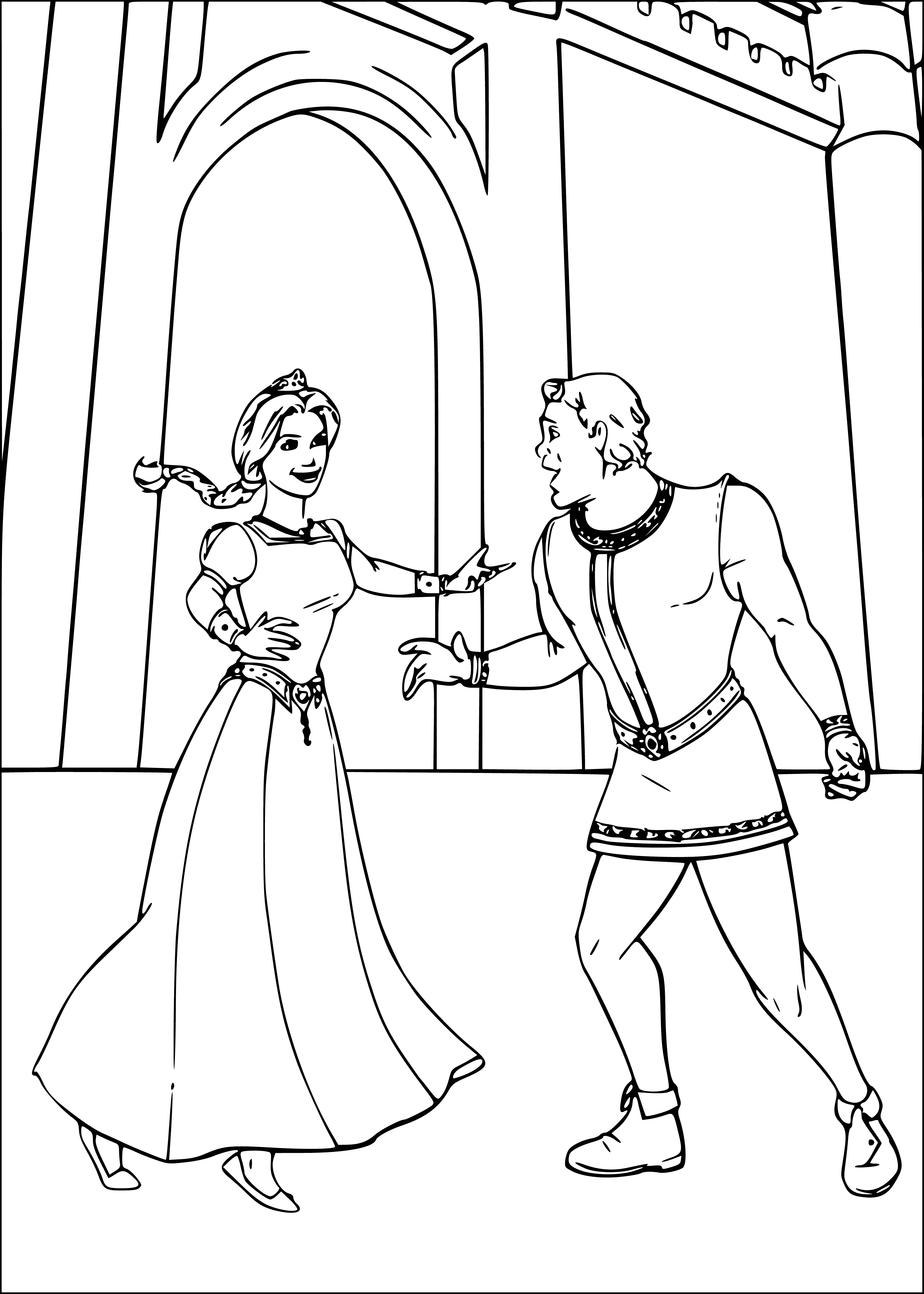 coloring page: A large ogre and a beautiful woman hold hands before a castle, looking at each other with love and contentment.