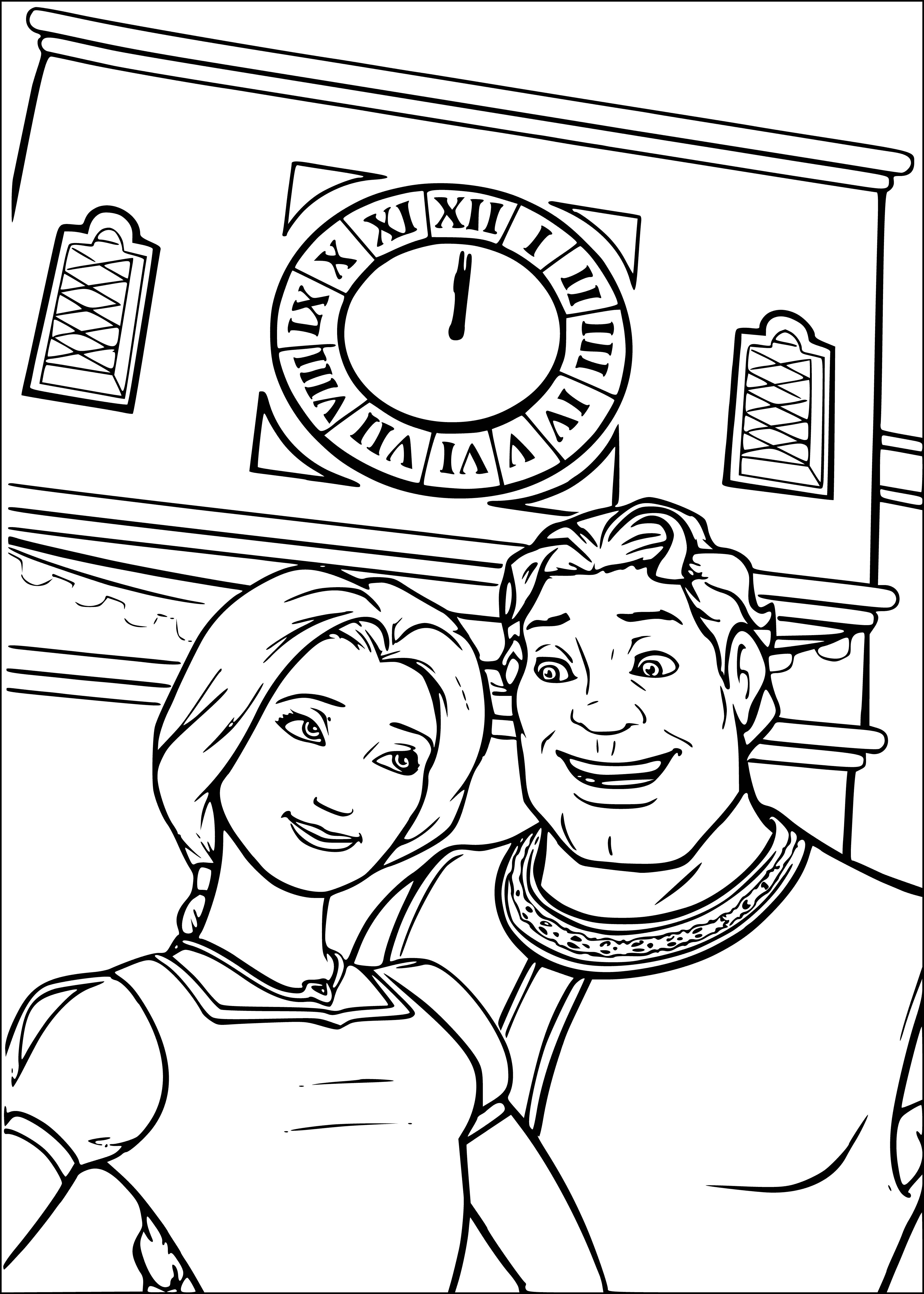 coloring page: Shrek, a large green ogre, is looking at a tall cuckoo clock that has just struck midnight with a worried expression.
