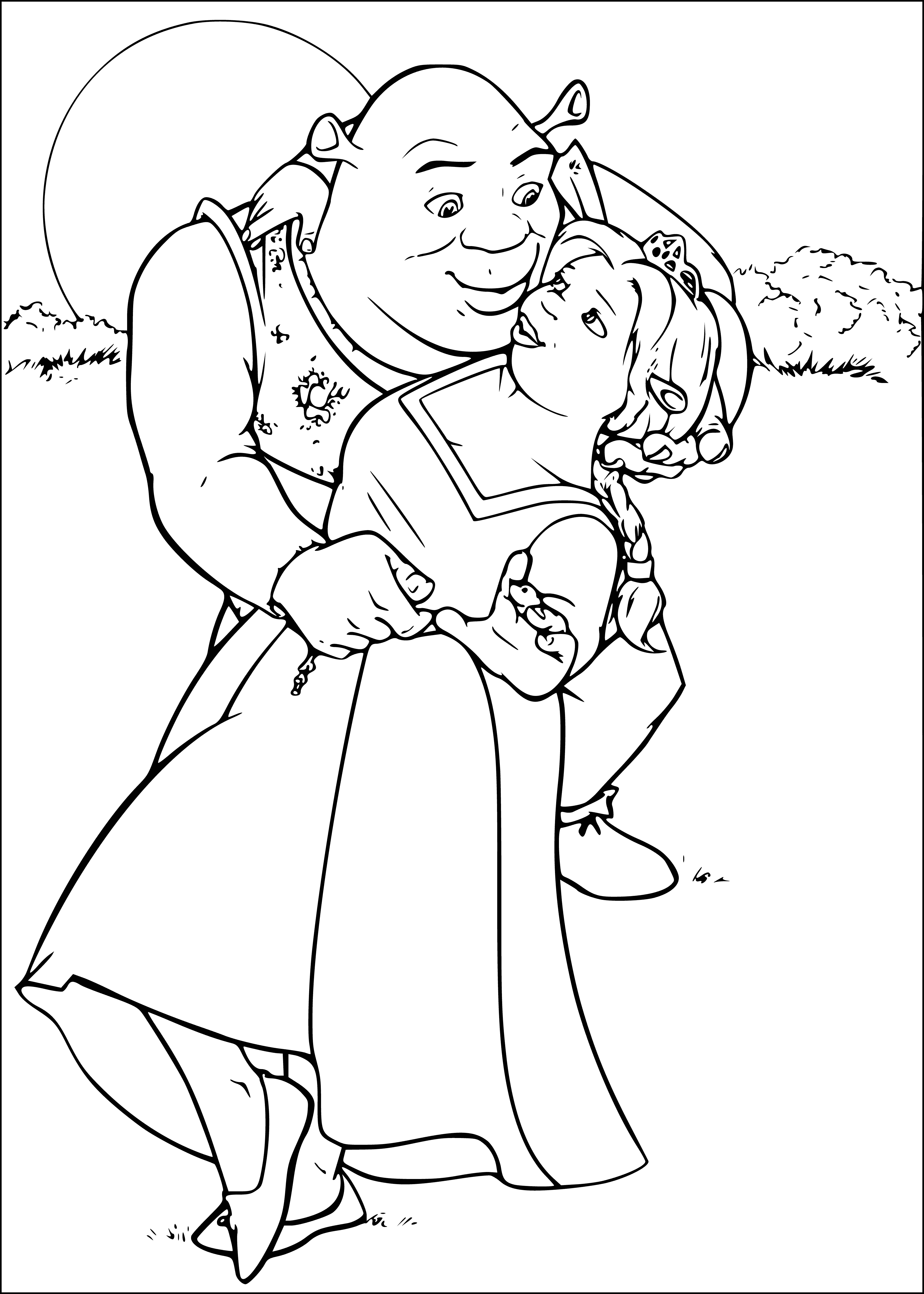 coloring page: Shrek & Fiona face off, arms crossed & hands on hips, looking mad.