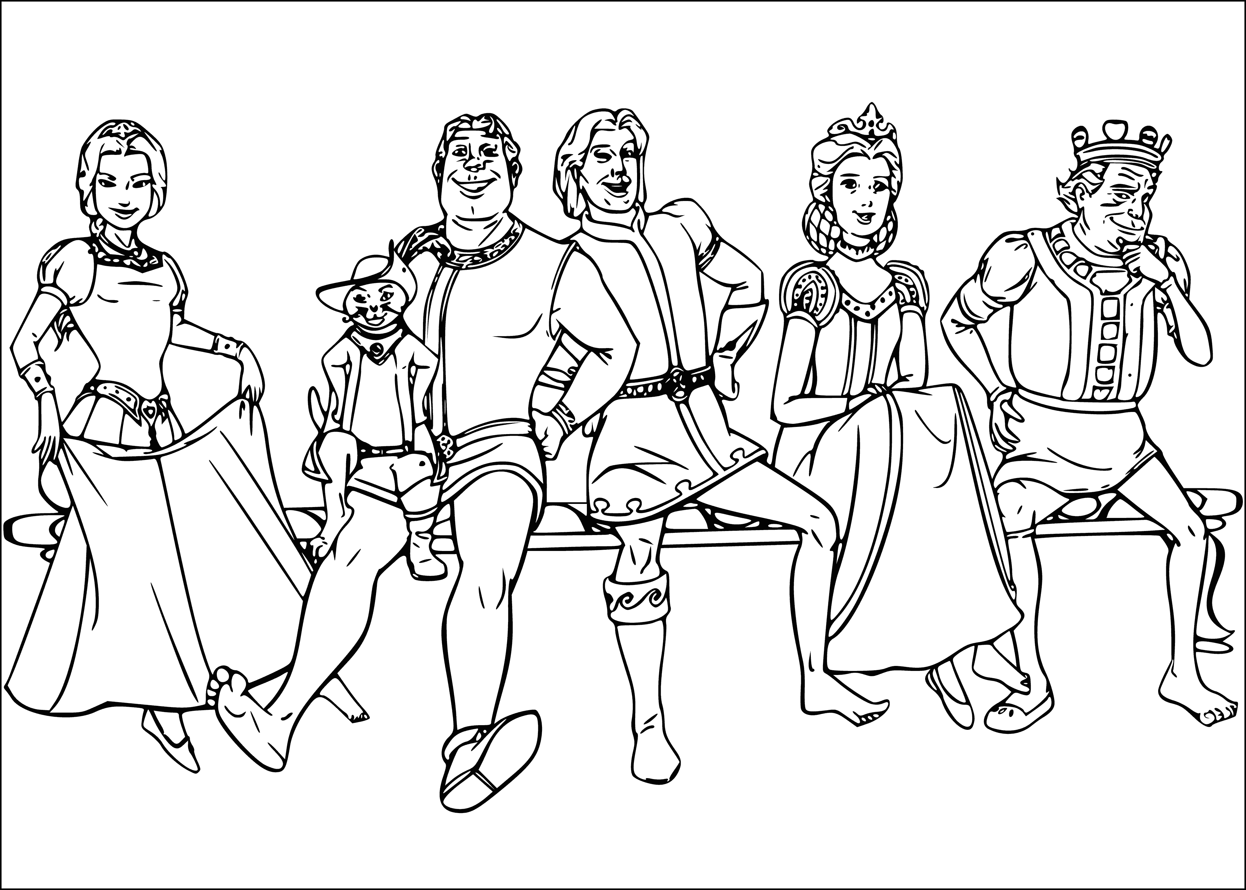 coloring page: A colorful scene of the Shrek cast, director, and producer on a happy adventure!