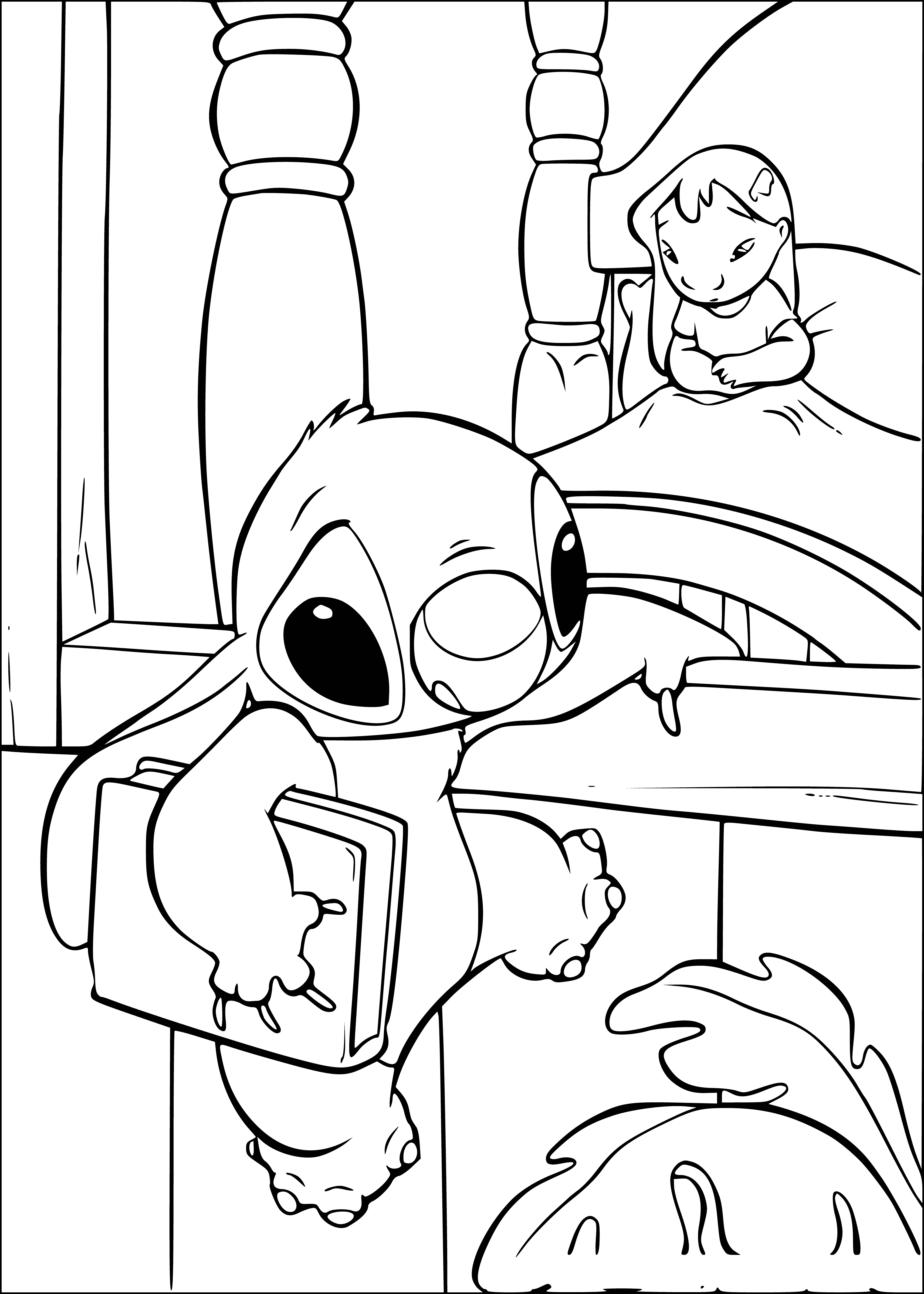 coloring page: Stitch sits on a rock, sadly gazing across the ocean, his thoughts unknown.