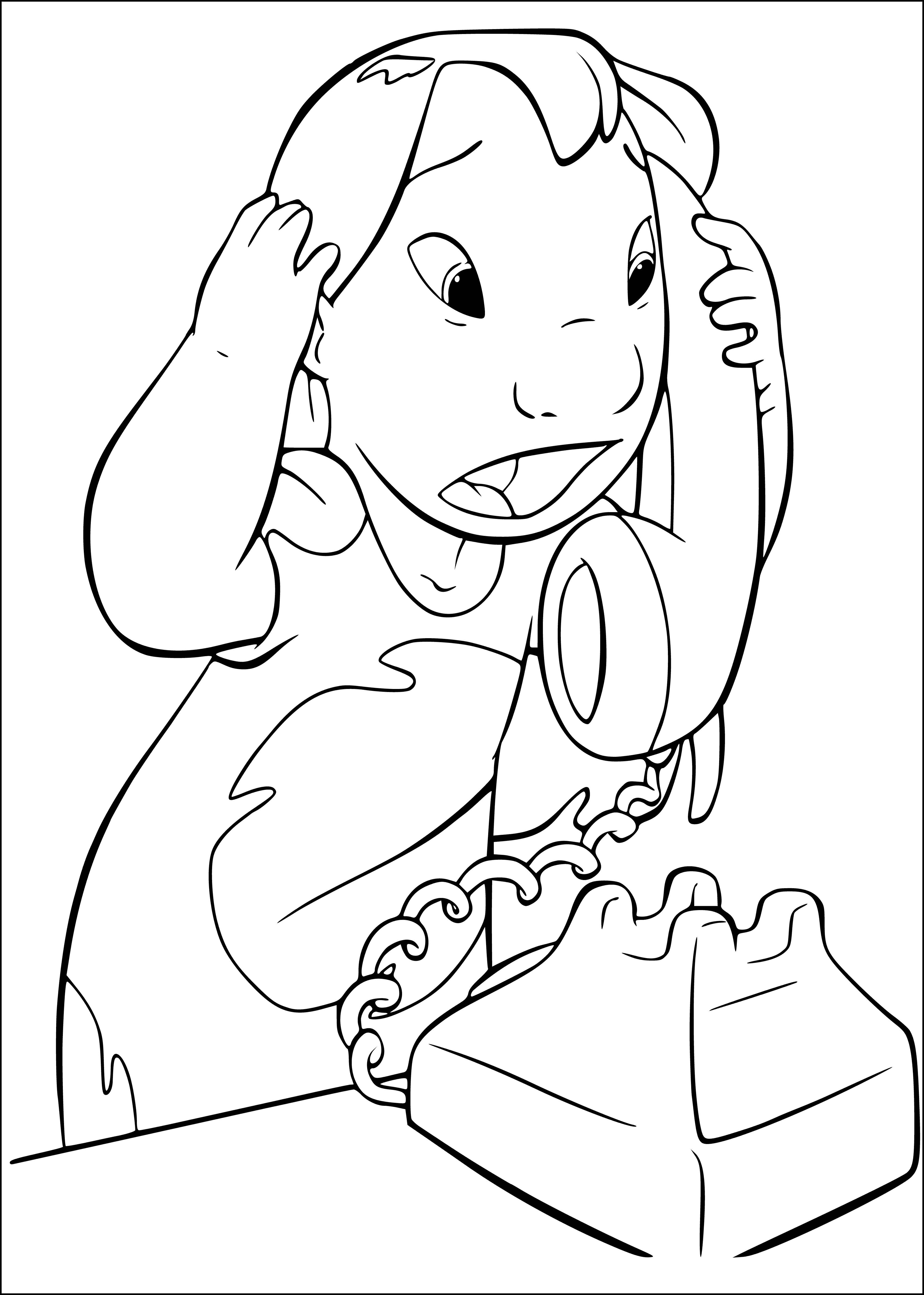 coloring page: Lilo stands seriously, phone up to her ear, in front of a window in her coloring page.