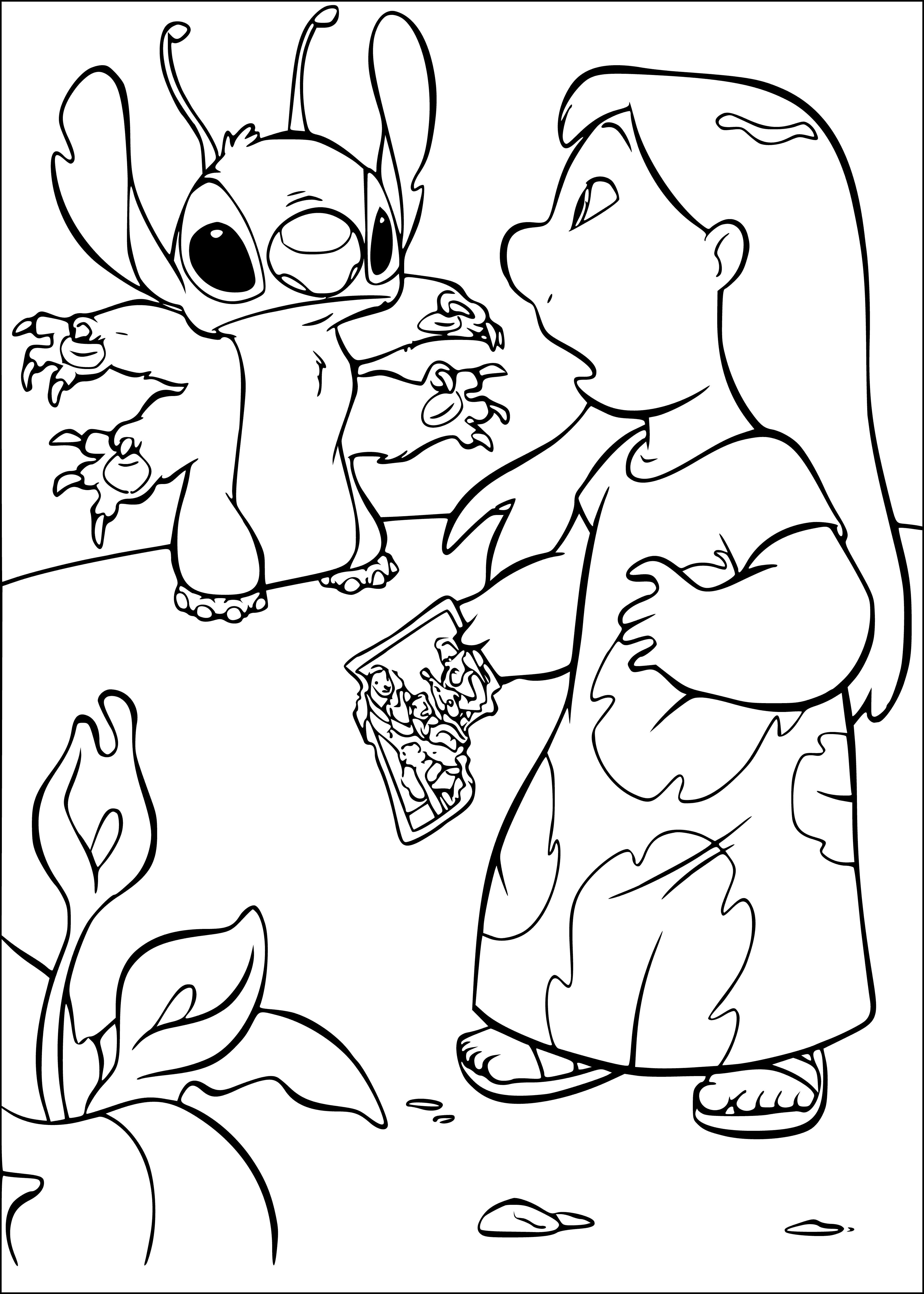coloring page: Stitch is a small blue alien with six legs, two arms, wearing a red shirt and blue shorts, with a backpack of both colors.