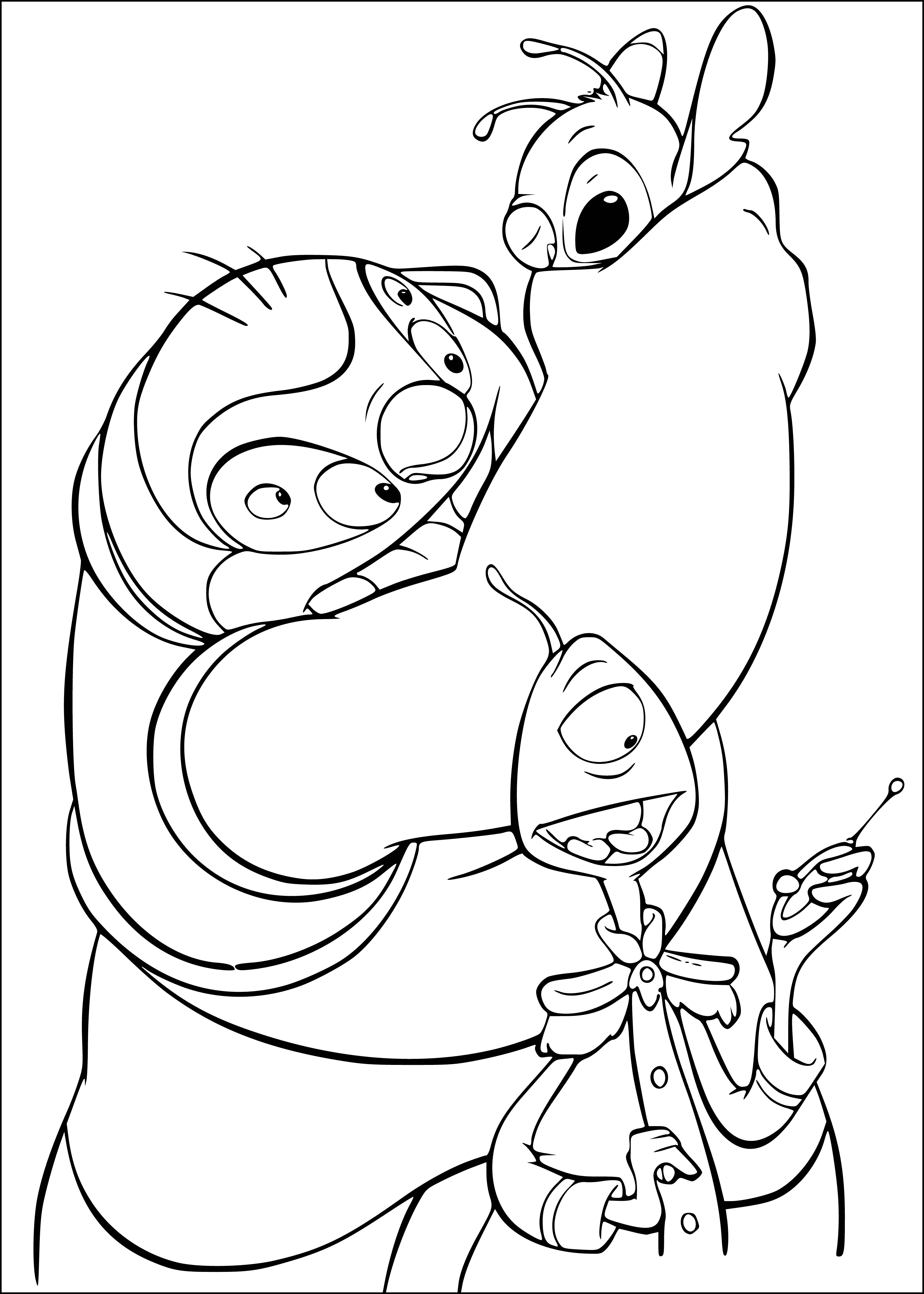 coloring page: Coloring page of Jamba, Flickley, & Stitch from Disney's Lilo & Stitch. Jamba is blue with 4 arms & 4 legs, wearing red & blue. Flickley is yellow with 4 legs & 2 arms, wearing green & blue. Stitch is blue with 2 arms & 2 legs, wearing red & blue.