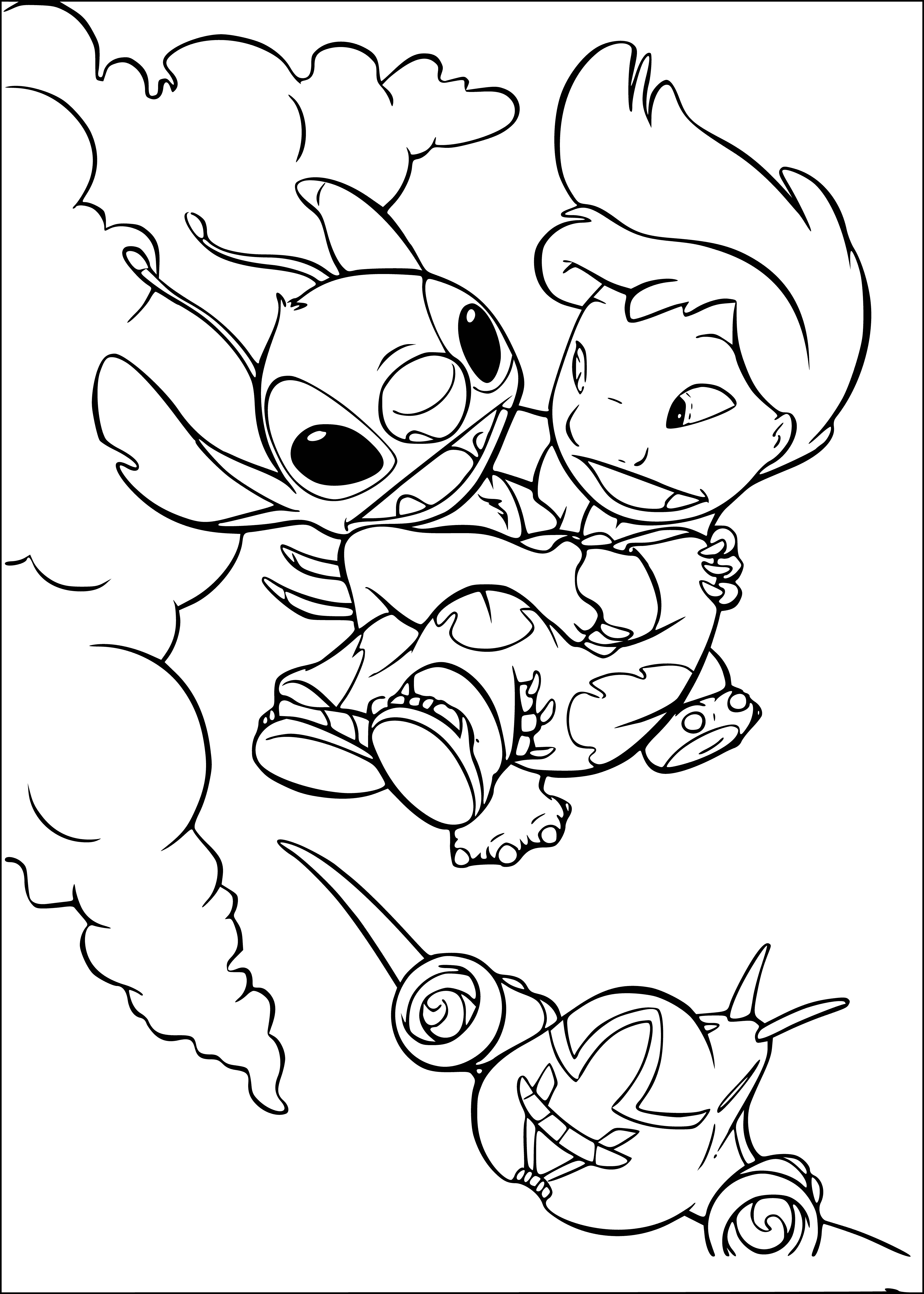 coloring page: Stitch offers comfort to Lila in a dark room. She's scared, but receptive to his calming words.