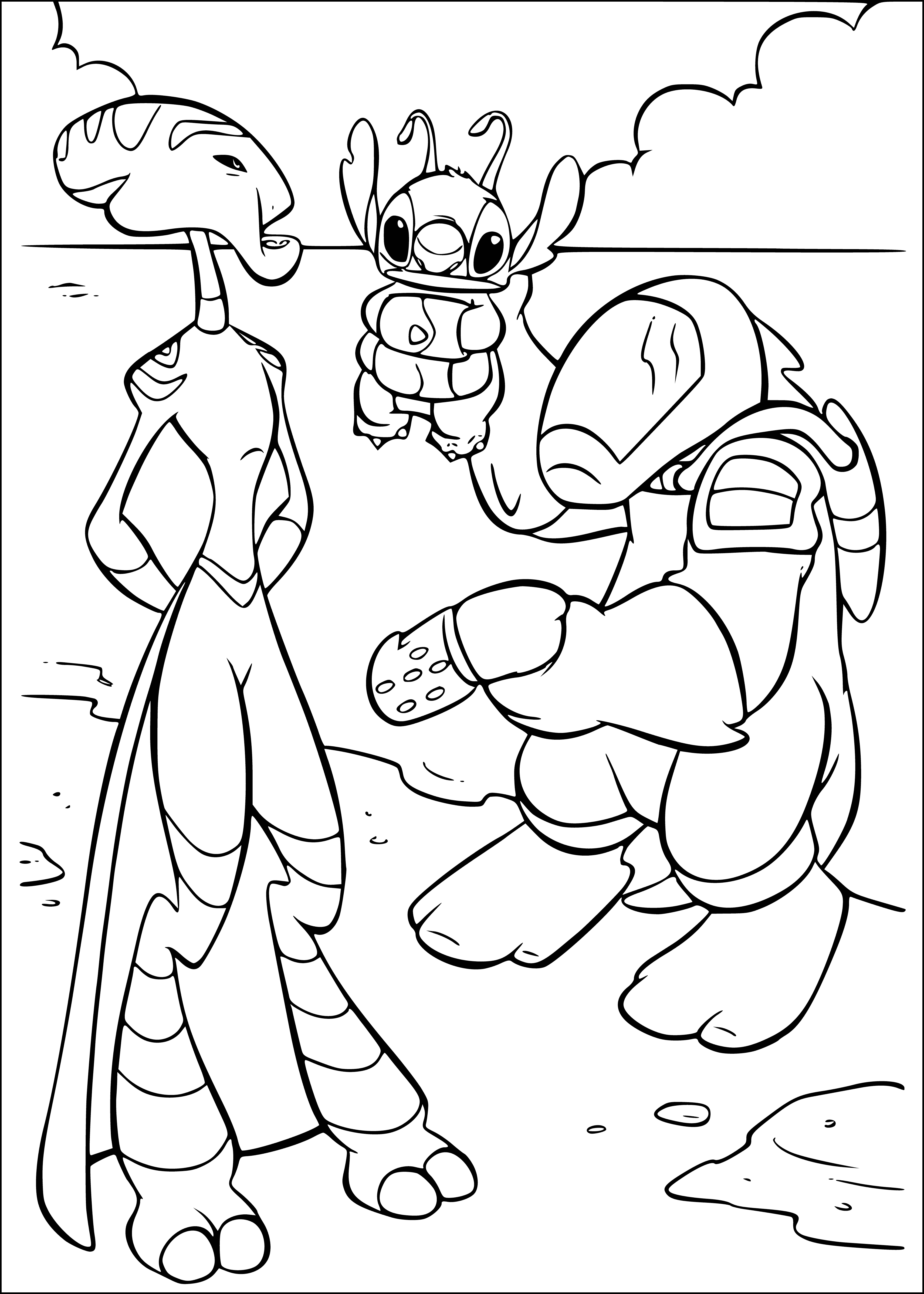 coloring page: A large blue creature with big black eyes holds a struggling yellow creature in its skinny arms.