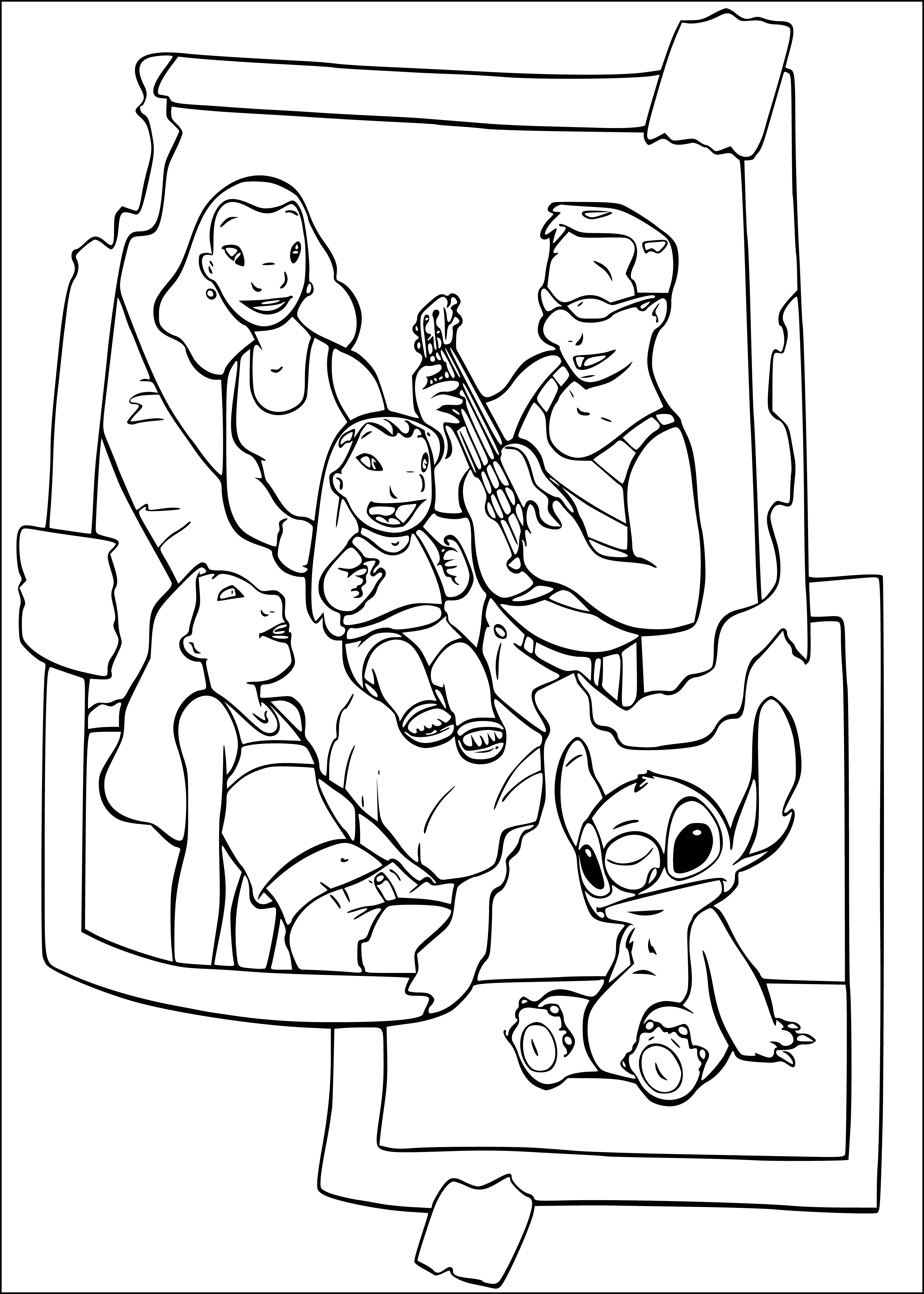 coloring page: Lilo and Stitch reunited and happy with new family, Lilo holding lei, big smiles, laughter and contentment shown.