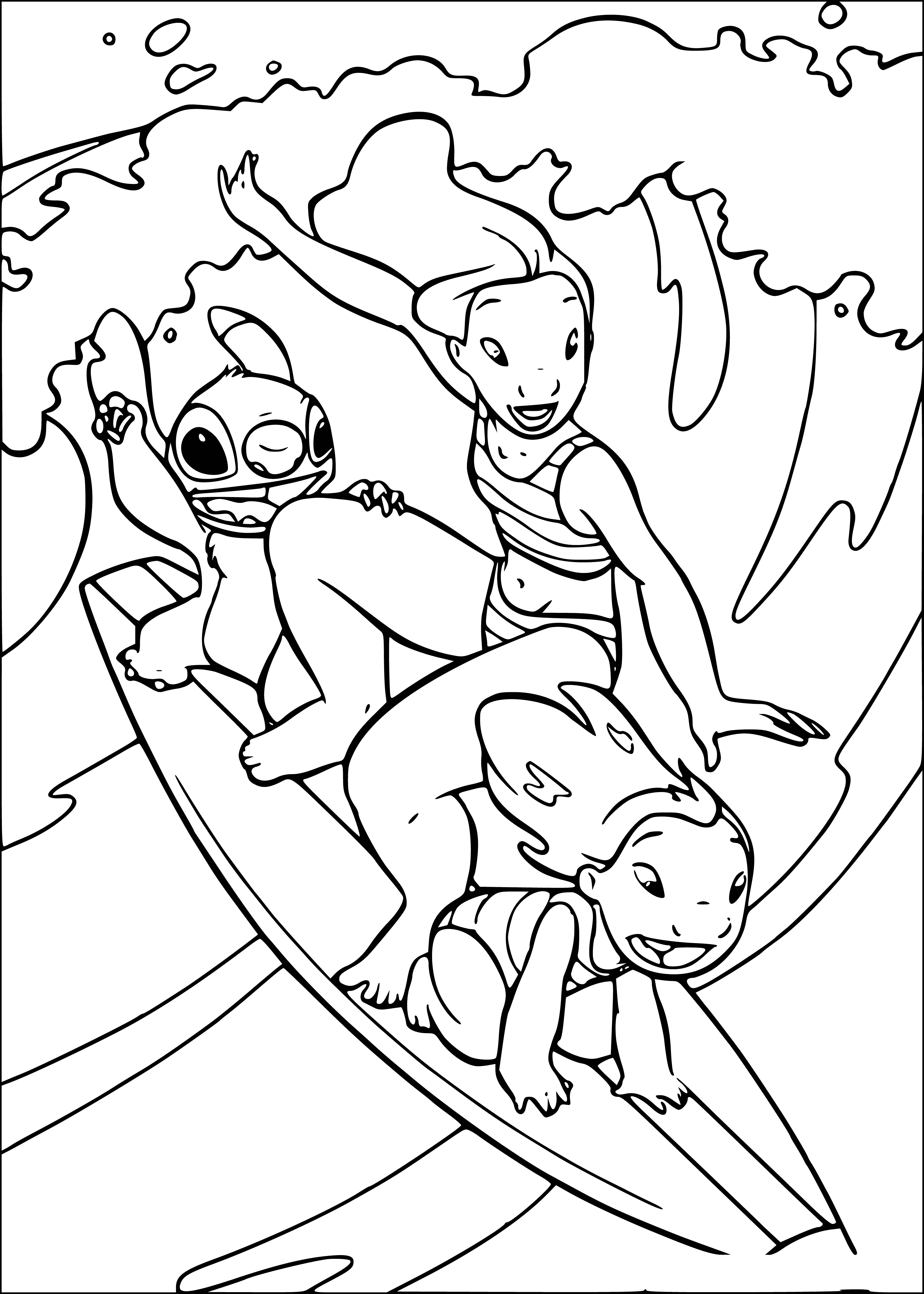 coloring page: 8yo girl in white tank & blue shorts, smiling big & hugged by plush blue alien & white dog. Toys show her love & she theirs.