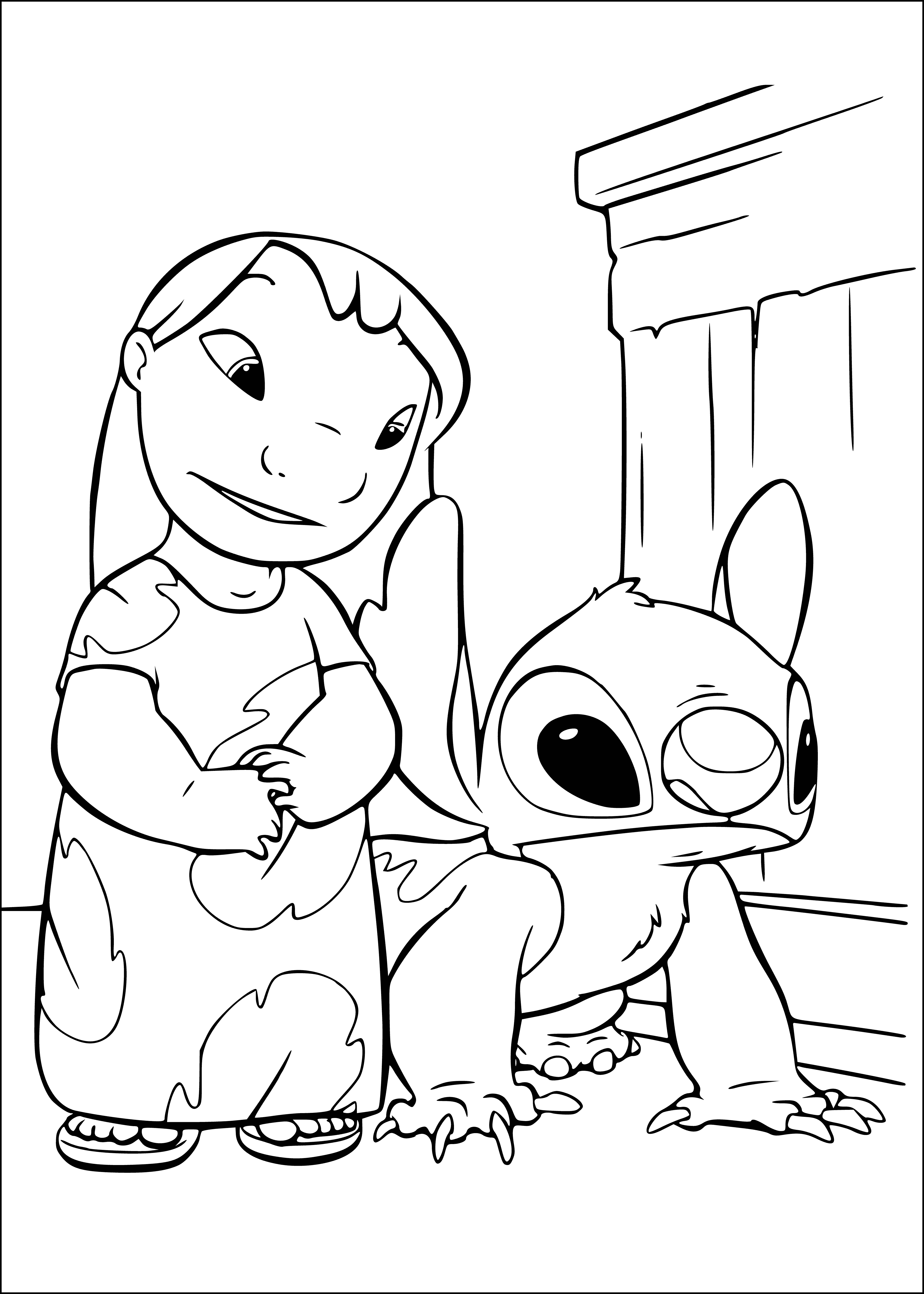 coloring page: Brown & white Stitch has black eyes & nose, wearing a red collar.