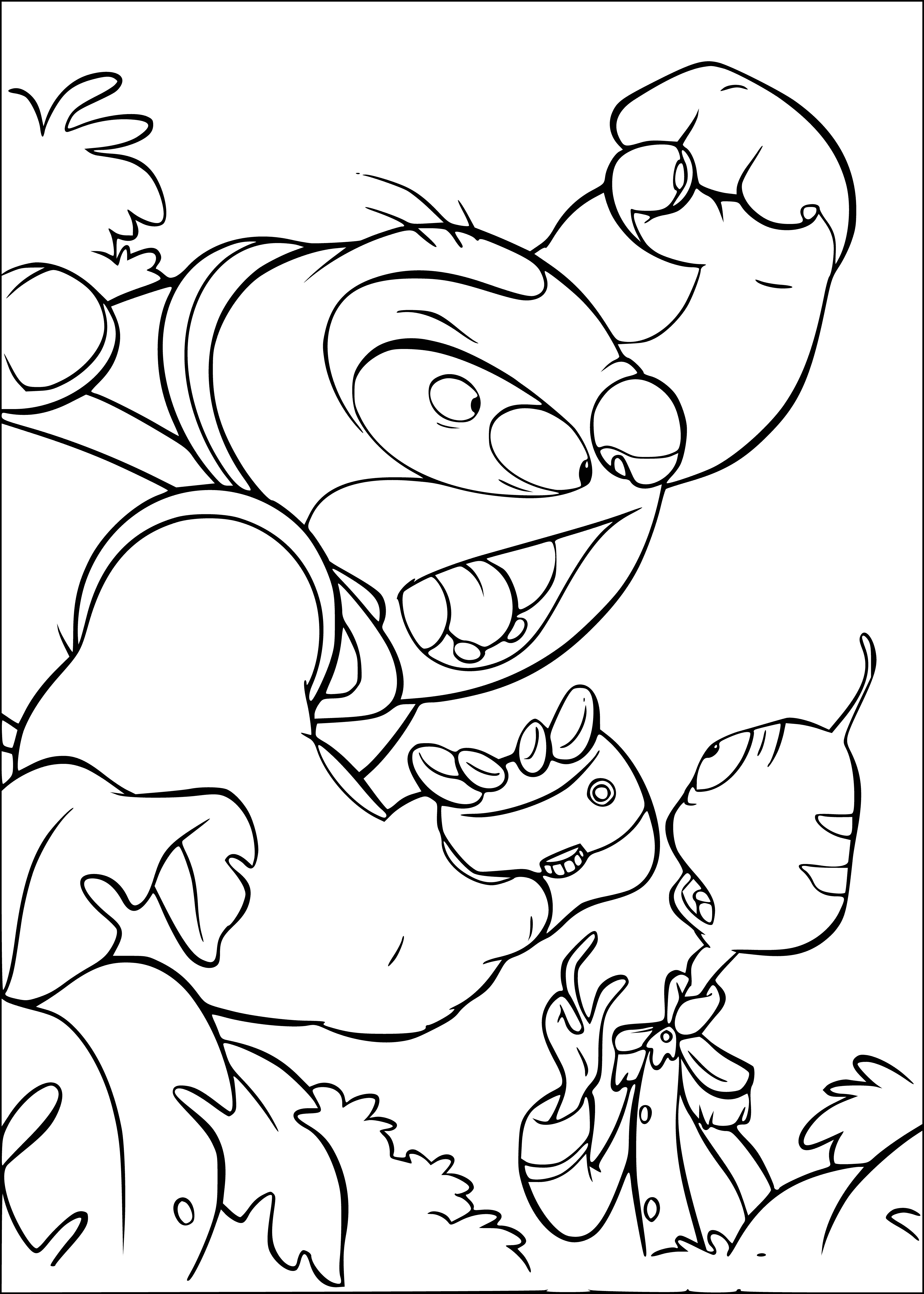 coloring page: Two creatures, blue fur, big eyes, four/two arms, two legs, holding each other, happy.