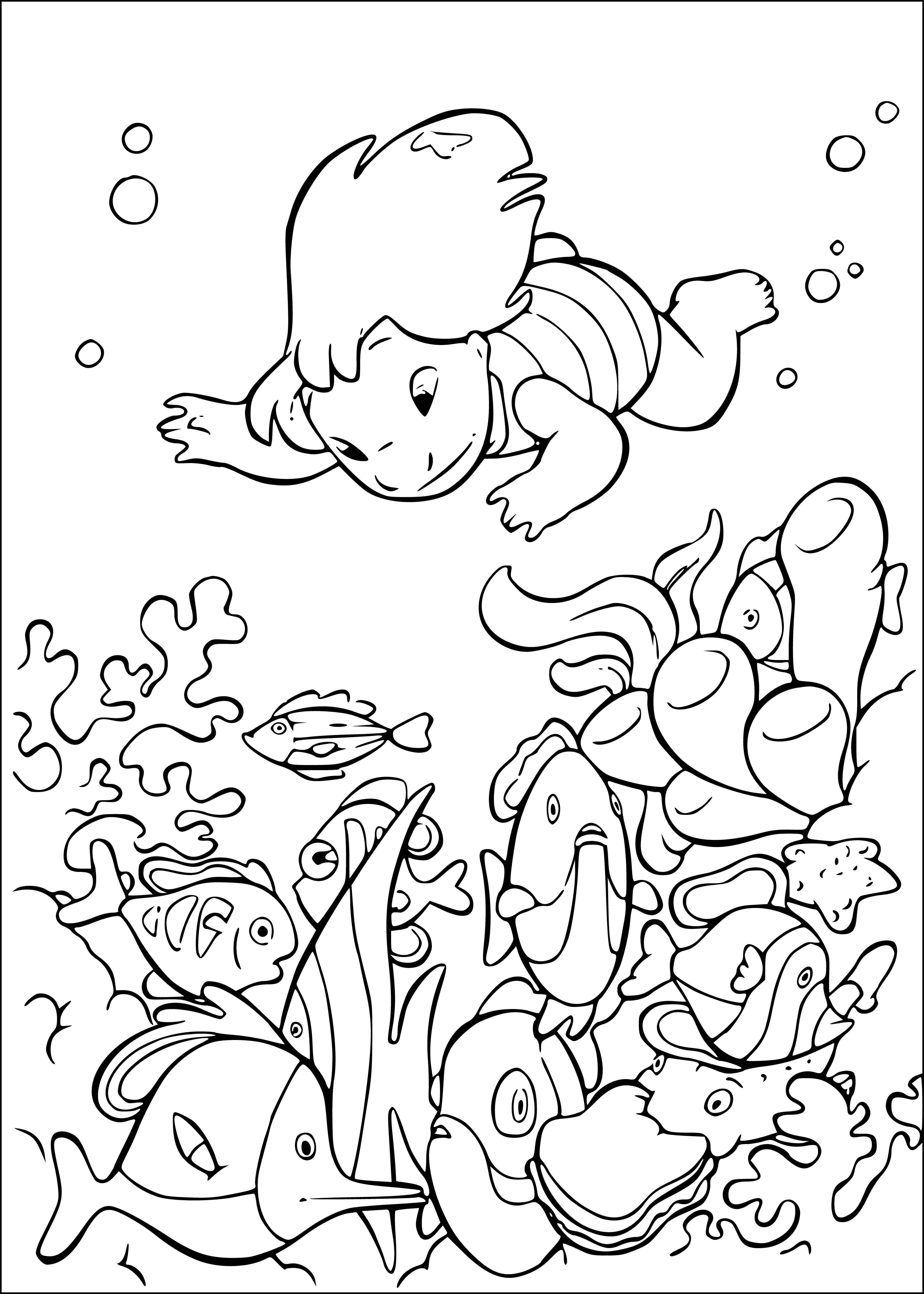 coloring page: Lilo stands on a beach, holding a fish, with her legs in the water, her long black hair cascading down her back.
