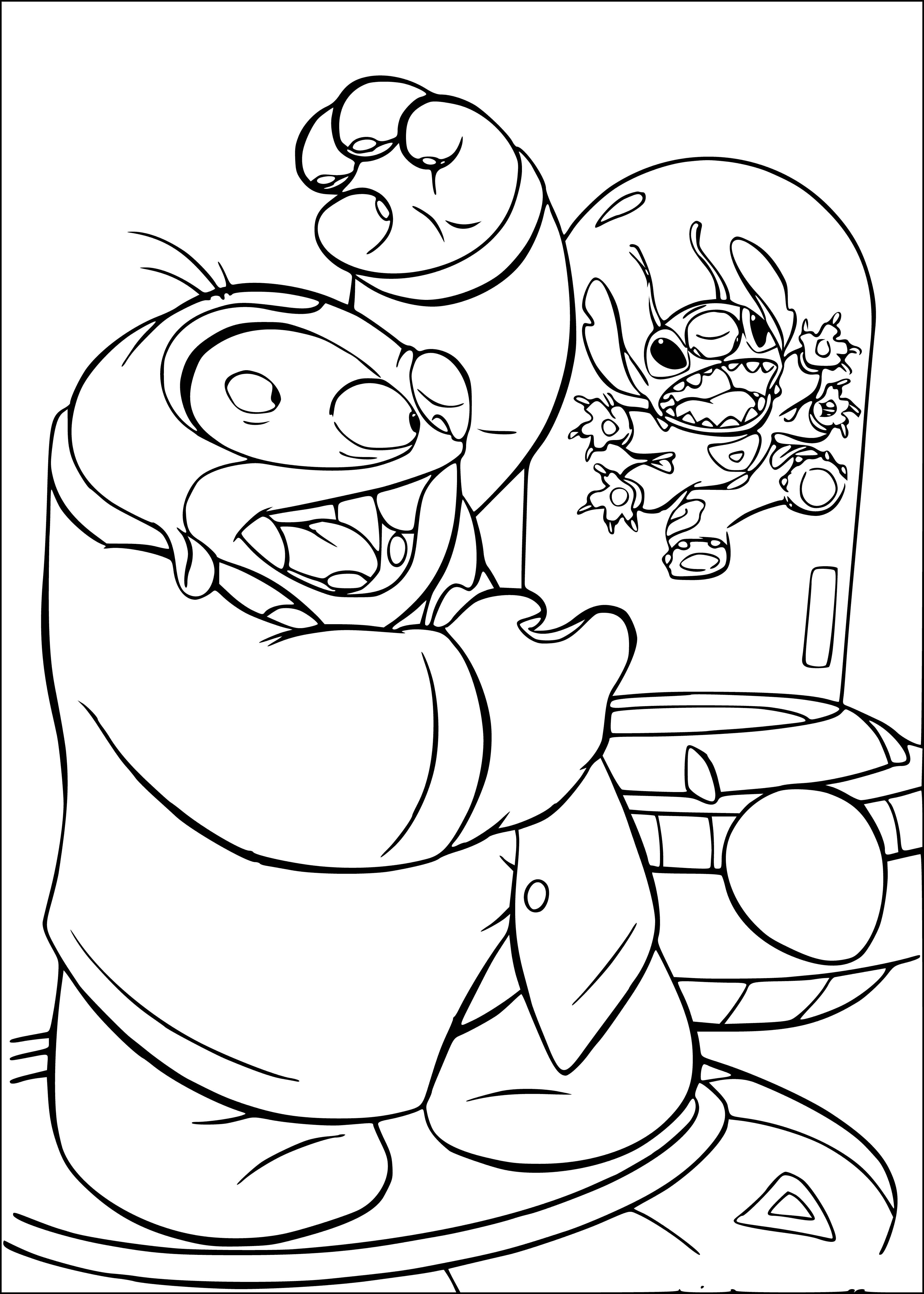 coloring page: Lilo & Stitch hug in the water. Jamba plays guitar, wears yellow shirt & blue shorts, smiles.