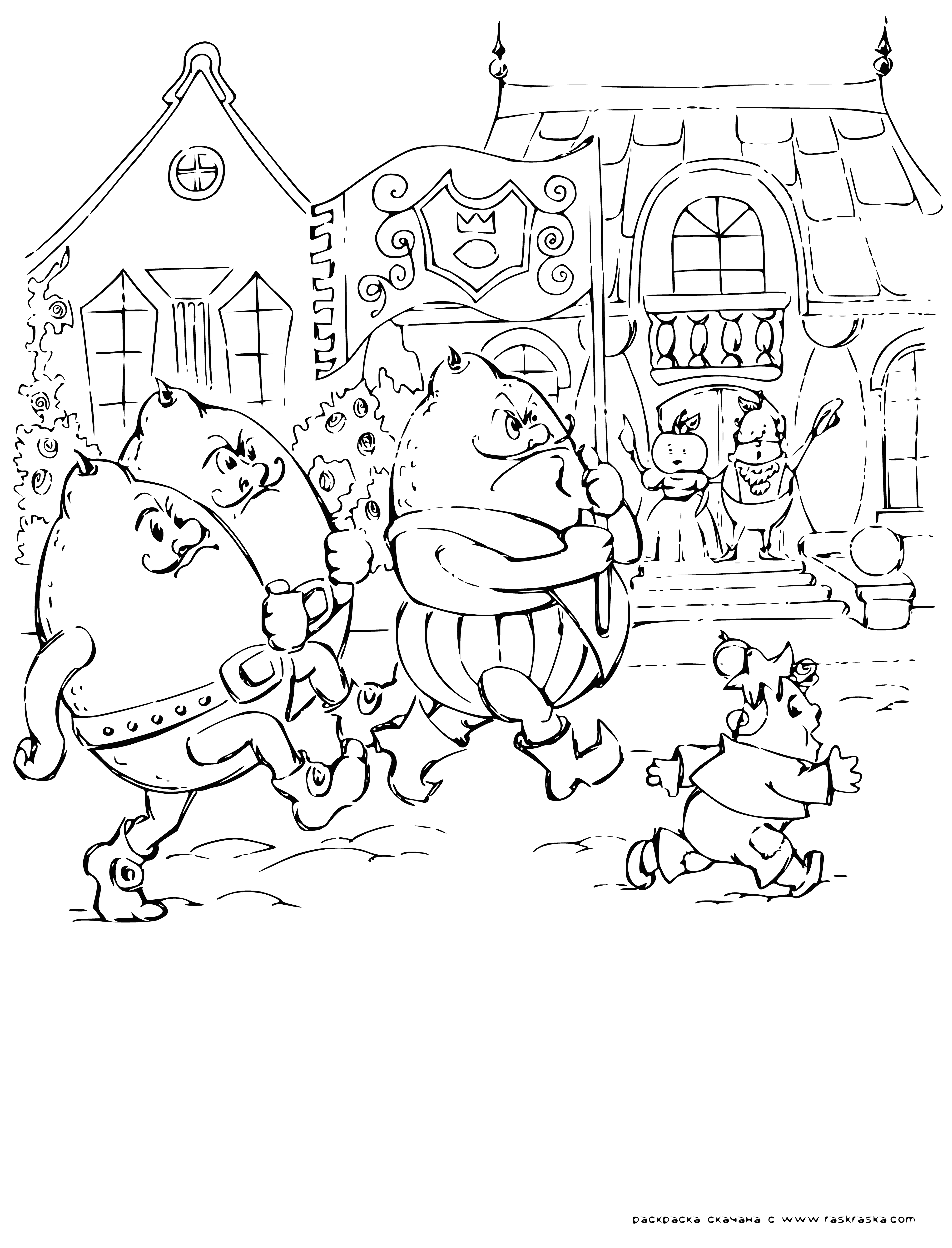 coloring page: Boy sits atop a large lemon, holding a stick and smiling. 4 smaller lemons around him have different facial expressions: scared, mad, sleepy, and surprised.
