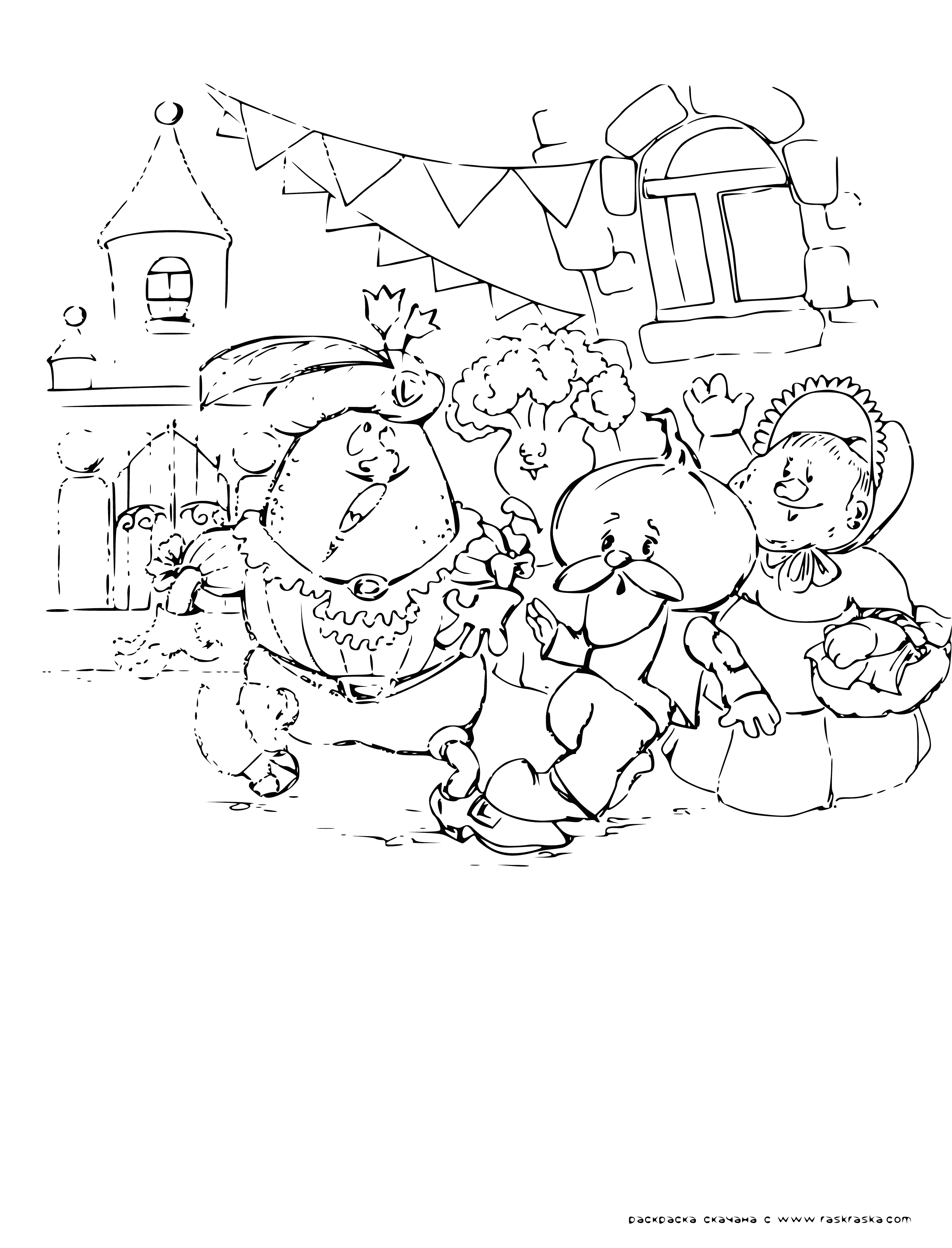 coloring page: Cipollino, with the help of his friends, embarks on a thrilling quest to rescue the lamp-seller Lamp-Wick from the evil Prince Lemon and are able to succeed in their mission.