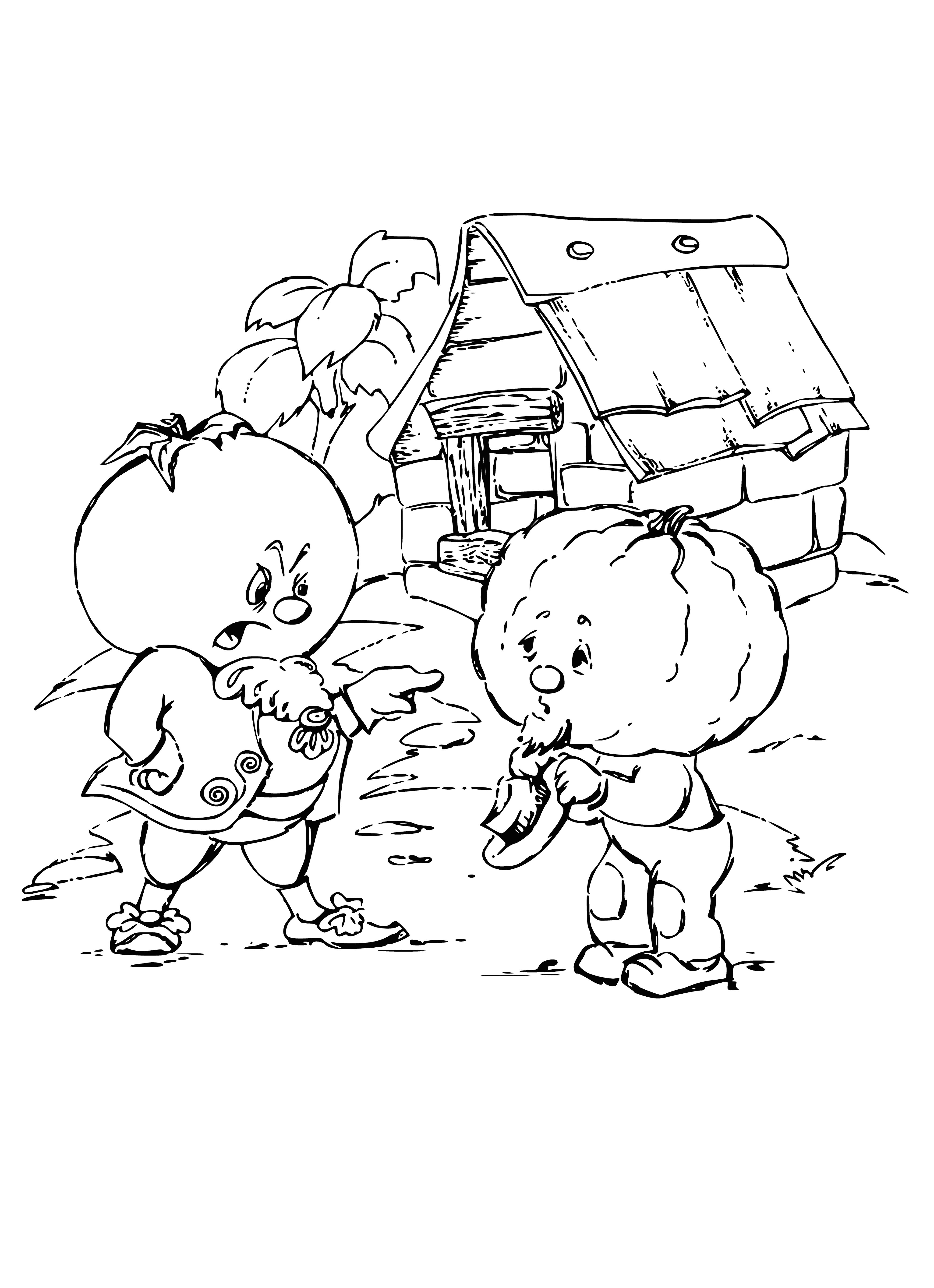 coloring page: Signor Tomato and Godfather Pumpkin converse; Signor Tomato brags about his brave and adventurous son, Cipollino, who Godfather Pumpkin wishes to meet.