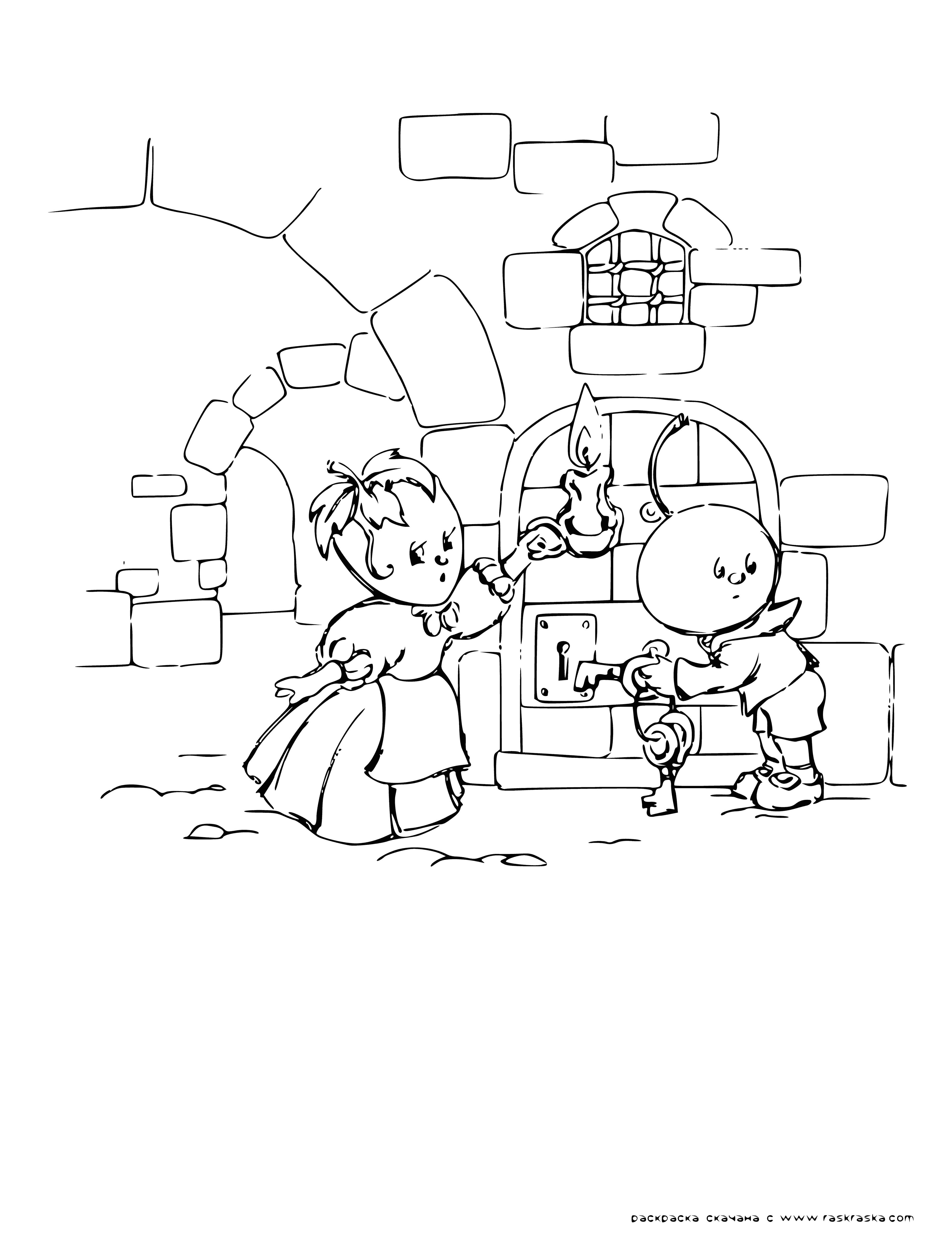 coloring page: Cipollino defeats cruel prince & rescues princess with help of friends, Lightning Bug, Grasshopper, & Bumblebee. They live happily ever after.