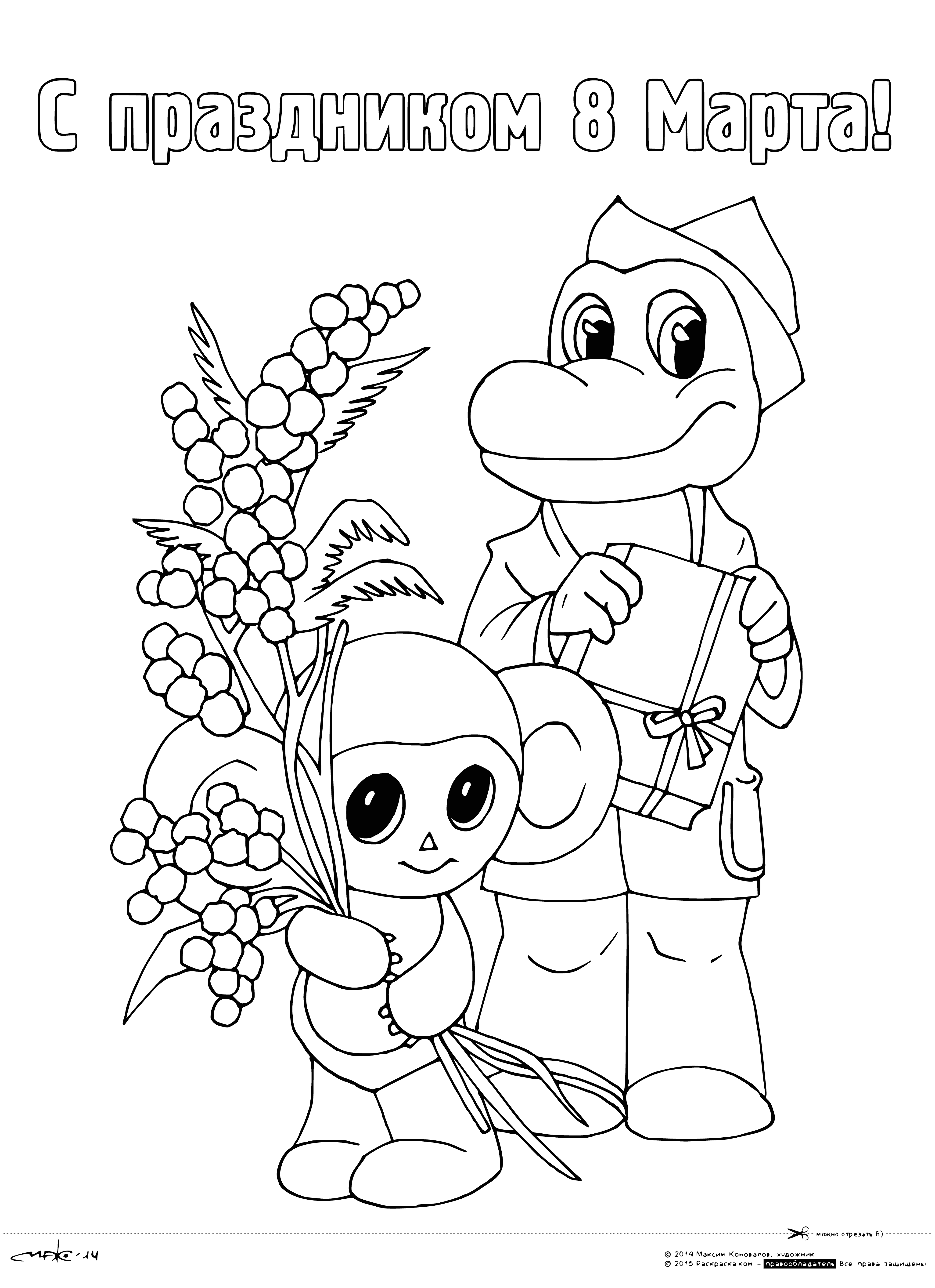 coloring page: Two cheerful characters, a crocodile and a chubby creature, are sitting on a bench beneath a tree in a blue sky.