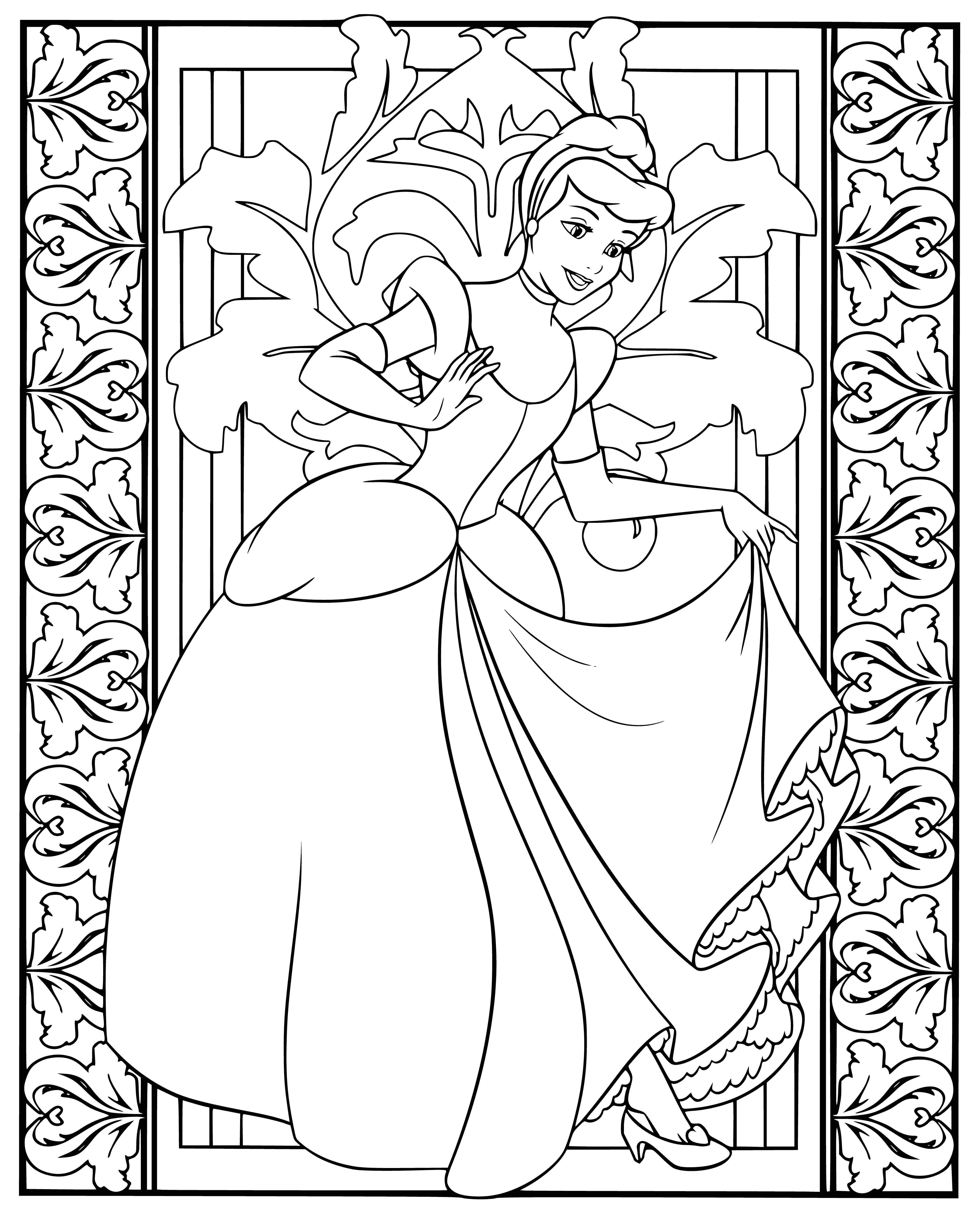 coloring page: Girl in blue dress smiles, looking at a castle. Soft curls frame her face.