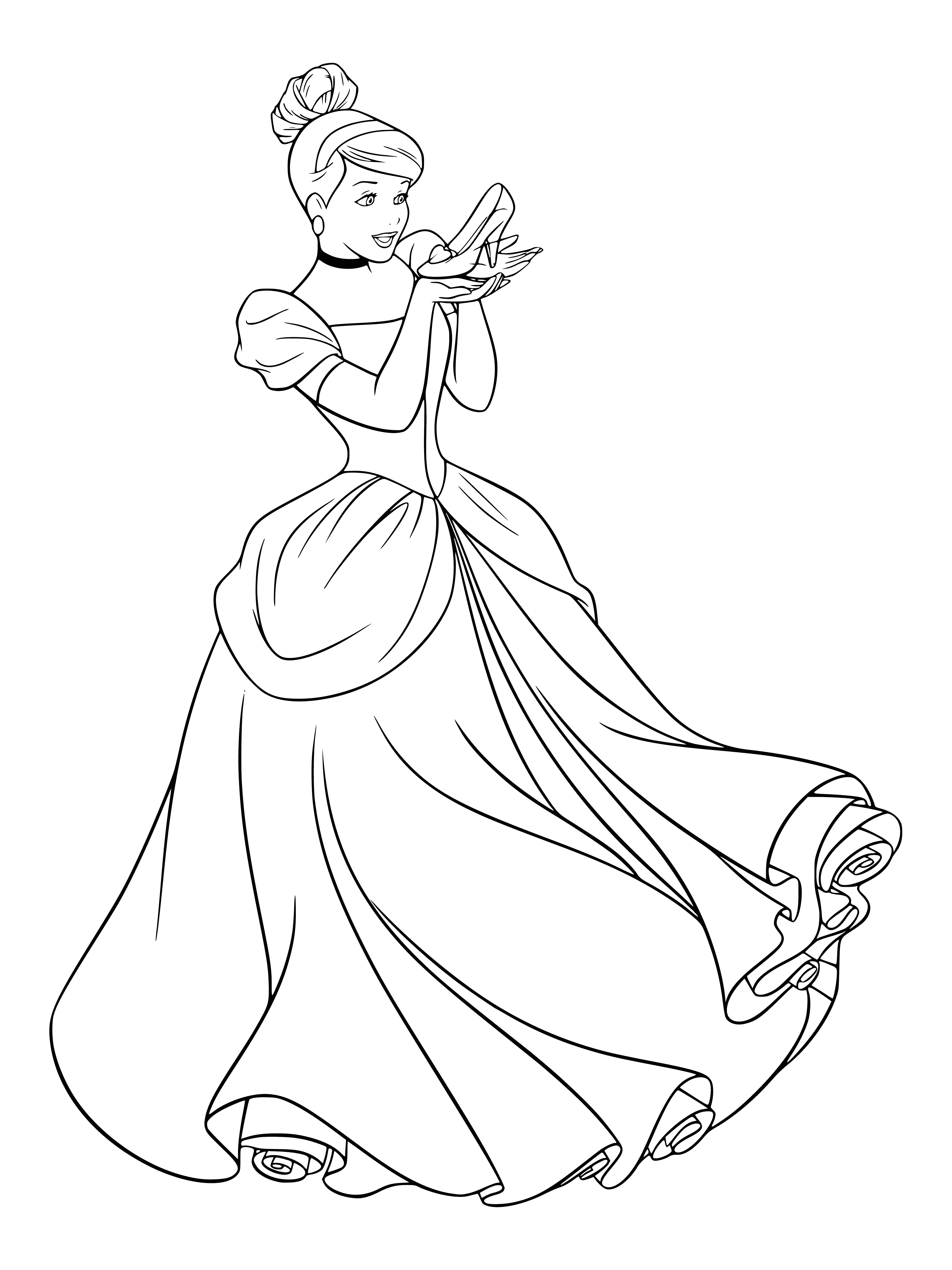 coloring page: Woman stands before castle in flowing dress, looking down at a glass slipper on her foot. #fairytale