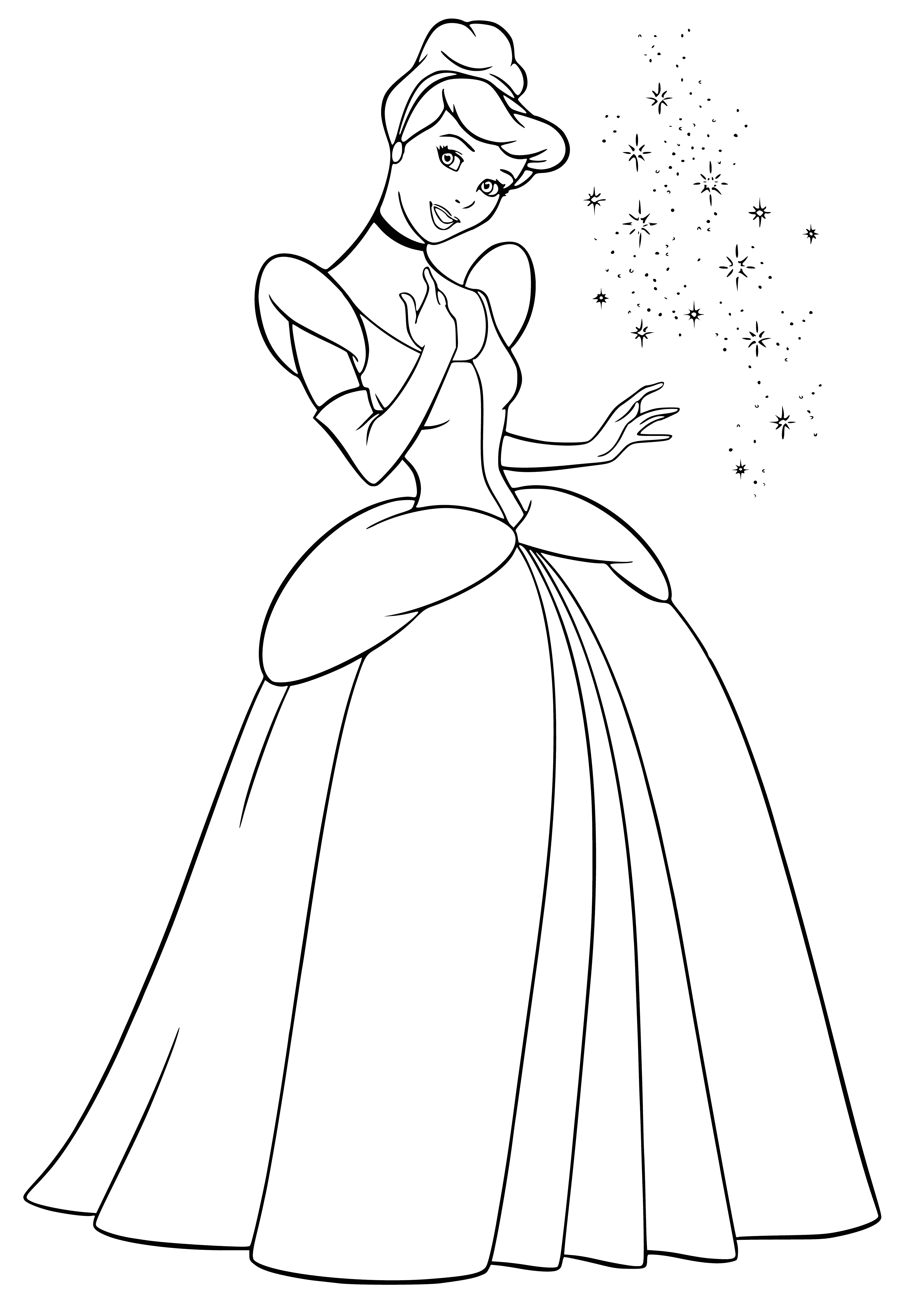 coloring page: Cinderella, a beautiful princess in a pink dress, stands happily in front of a castle with her arms outstretched.