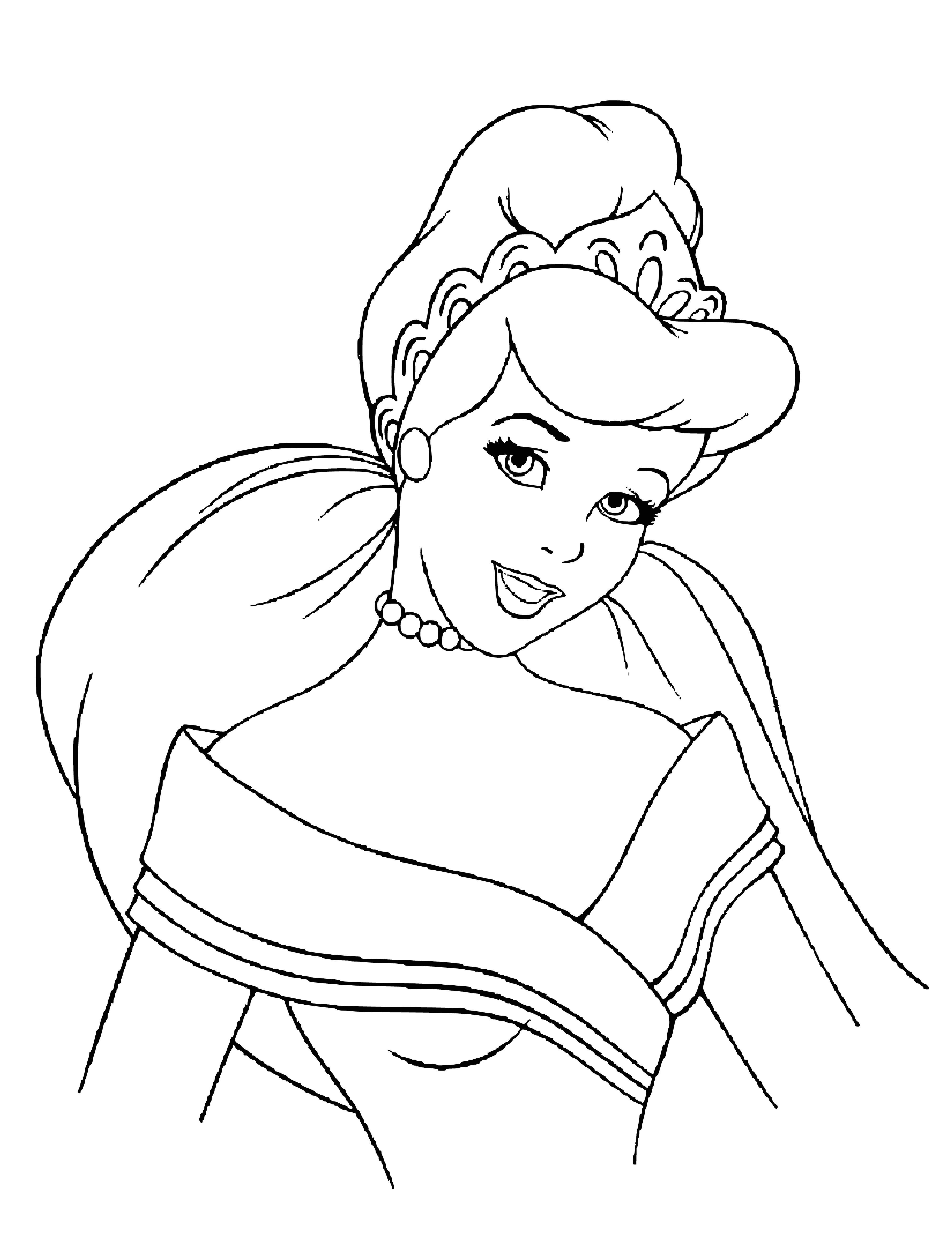 coloring page: Cinderella stands nervously before a fireplace, fair-skinned with dark hair and a light blue dress. Silver earrings, a white collar and her hands clasped complete her coloring page.