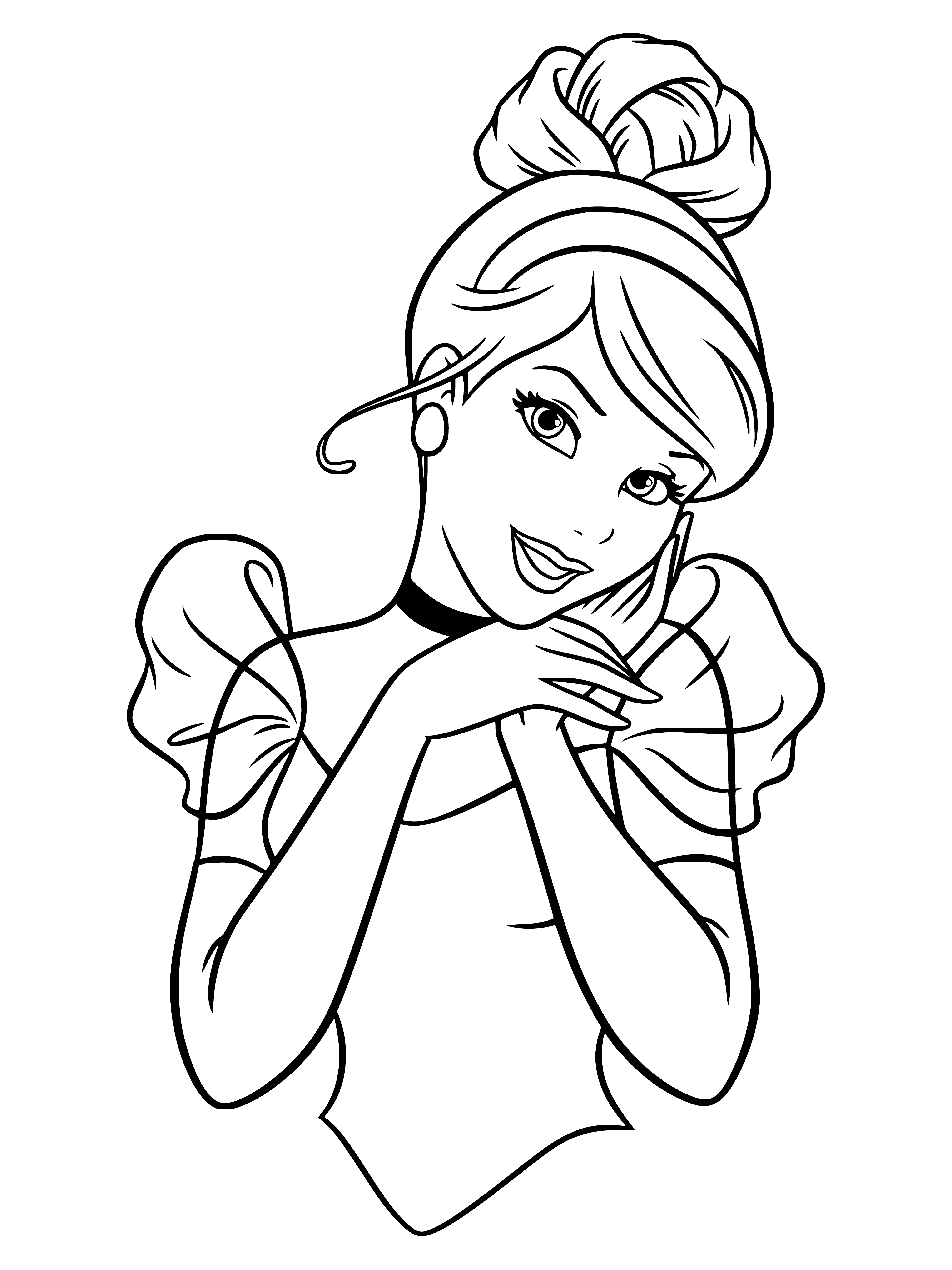 coloring page: Cinderella, smiling and in her blue dress with a ribbon in her hair, stands in front of a castle holding a pumpkin and wand.