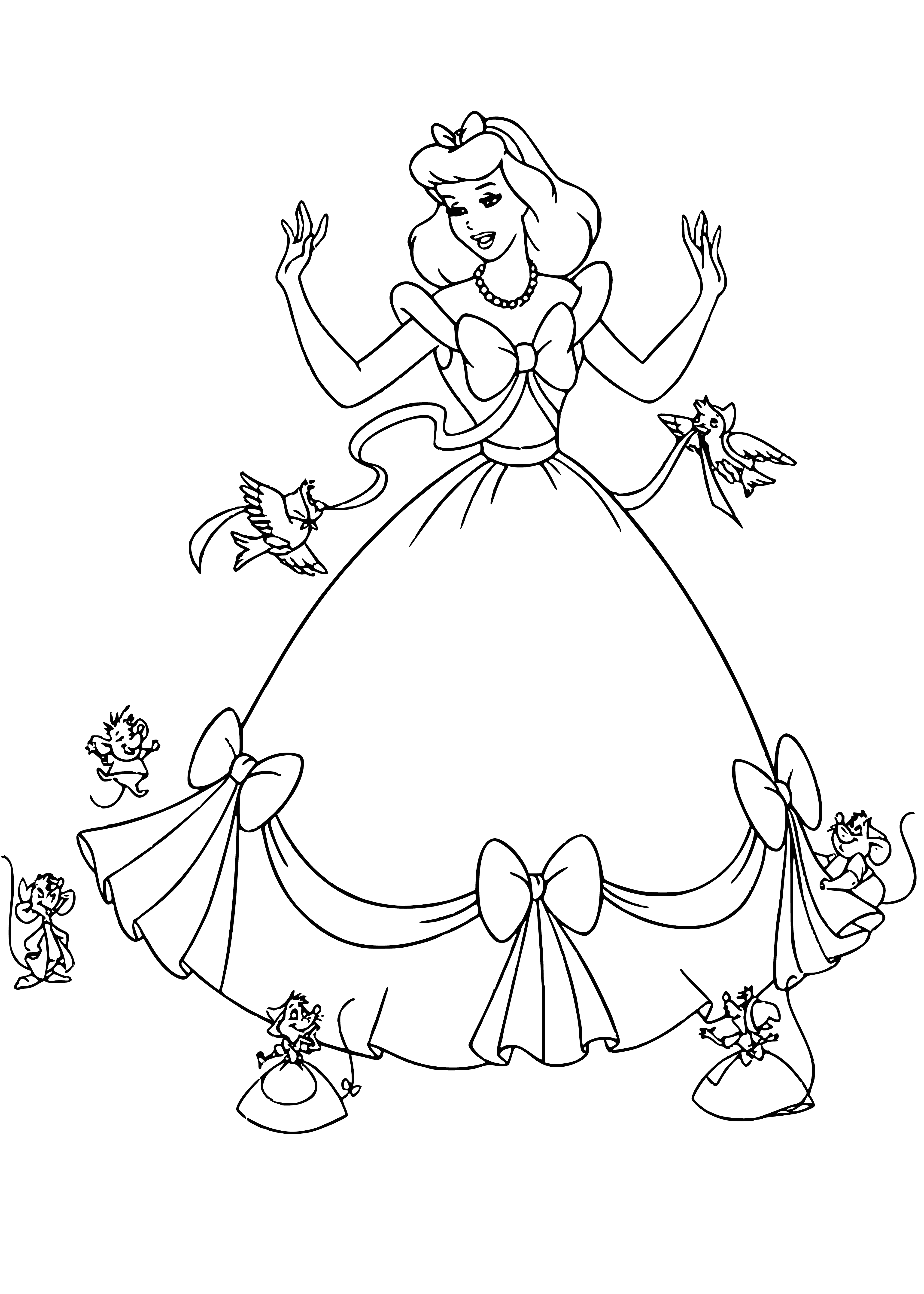 coloring page: Young woman admiring her look in mirror wearing dress, updo & delicate necklace. She looks happy & excited!