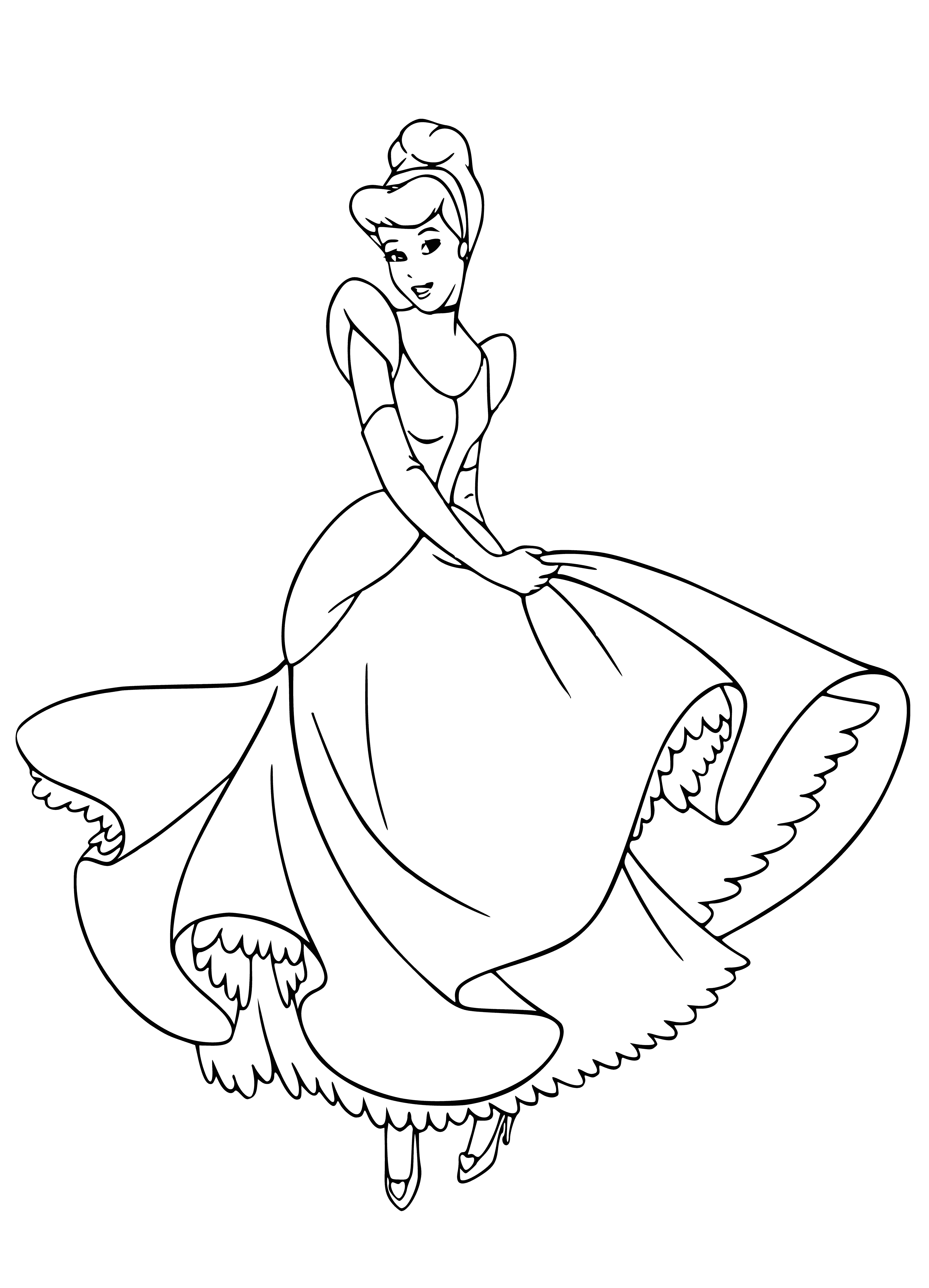 coloring page: Woman in blue ball gown w/ long skirt, tight bodice, blonde hair pulled back, wearing diamond necklace & earrings.