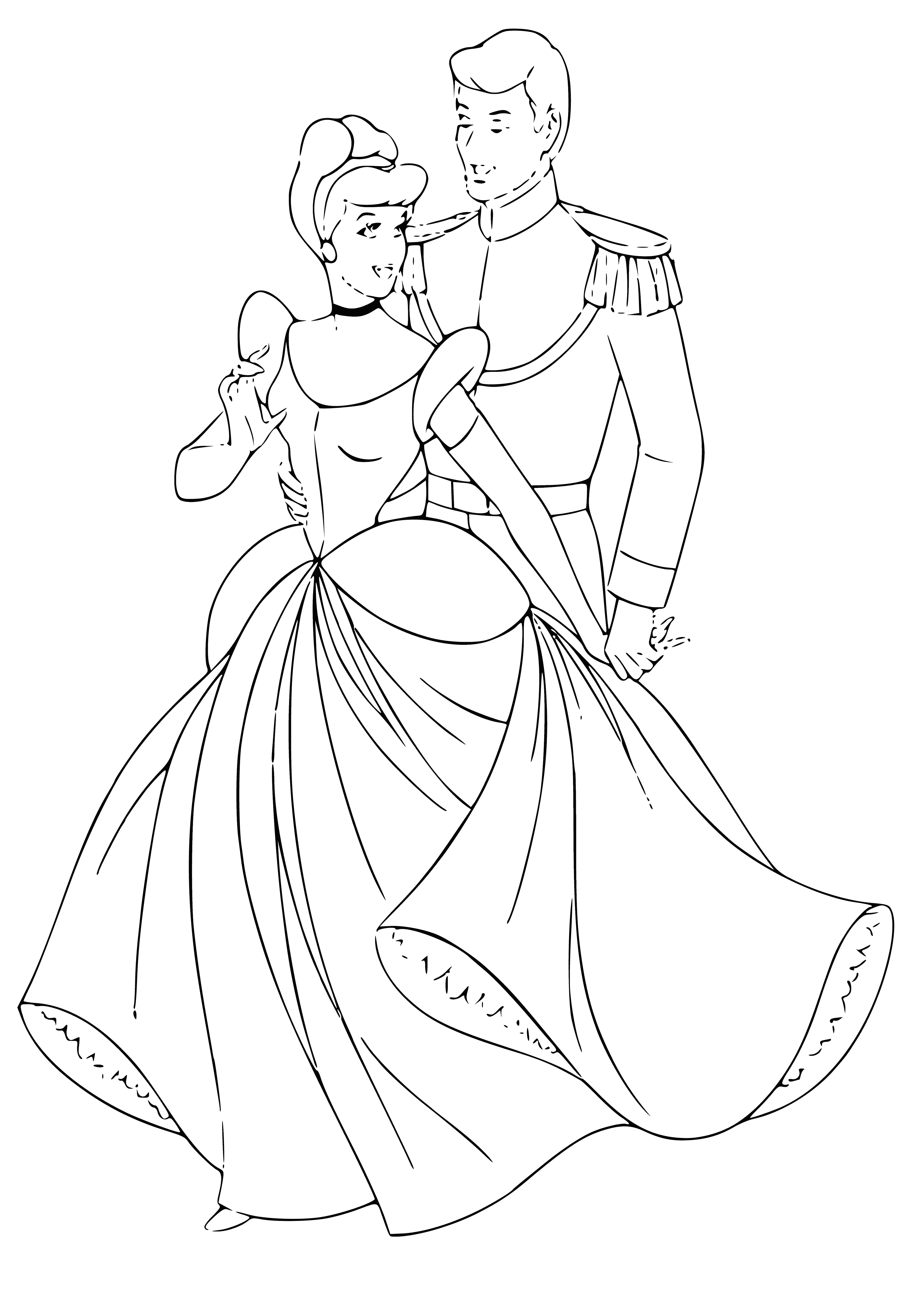 coloring page: A young, mistreated girl is helped by her fairy godmother and meets a prince at a ball. Through a glass slipper, they find love and live happily ever after.