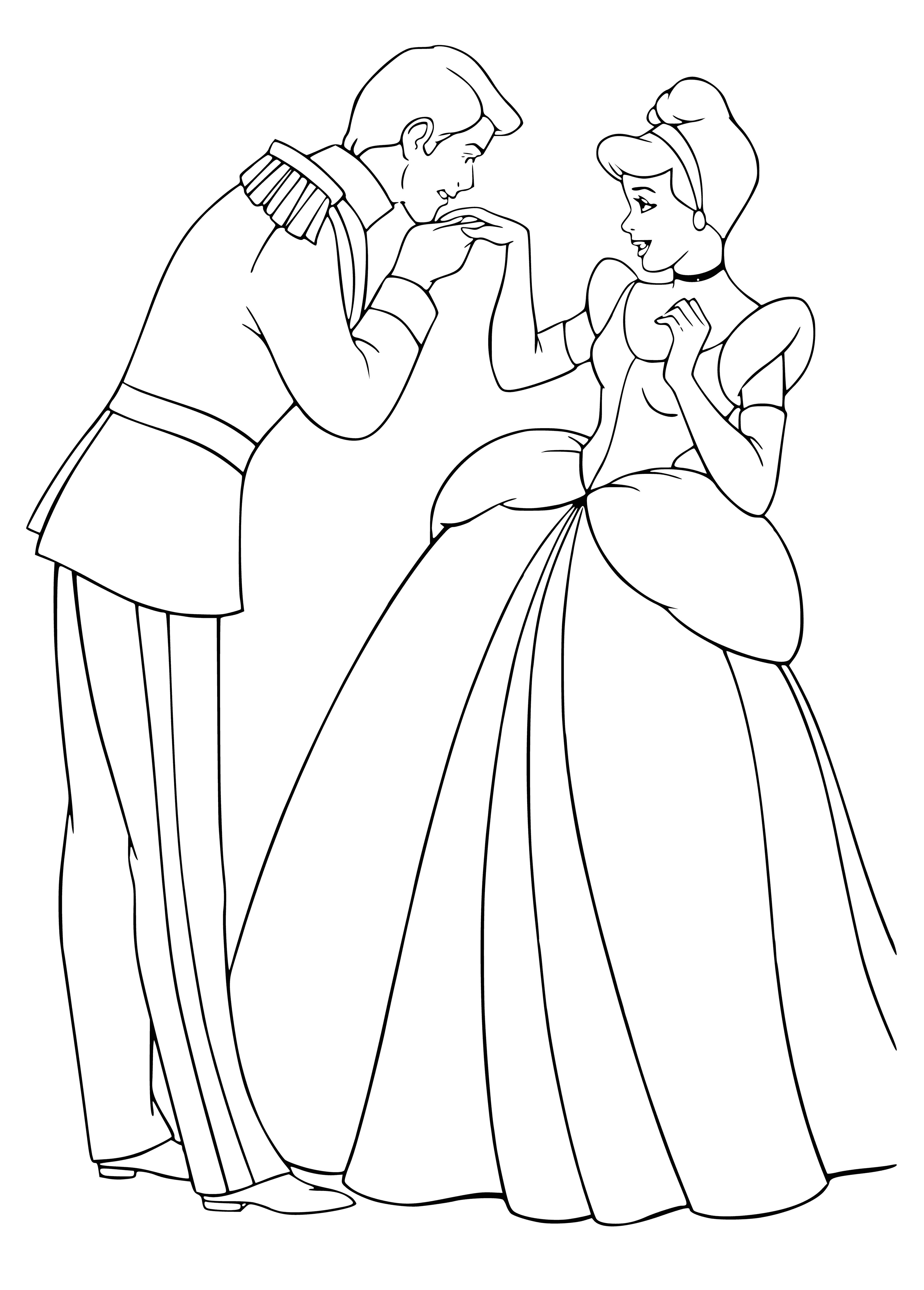 coloring page: Prince and Cinderella happily stand together, both excited to meet each other.