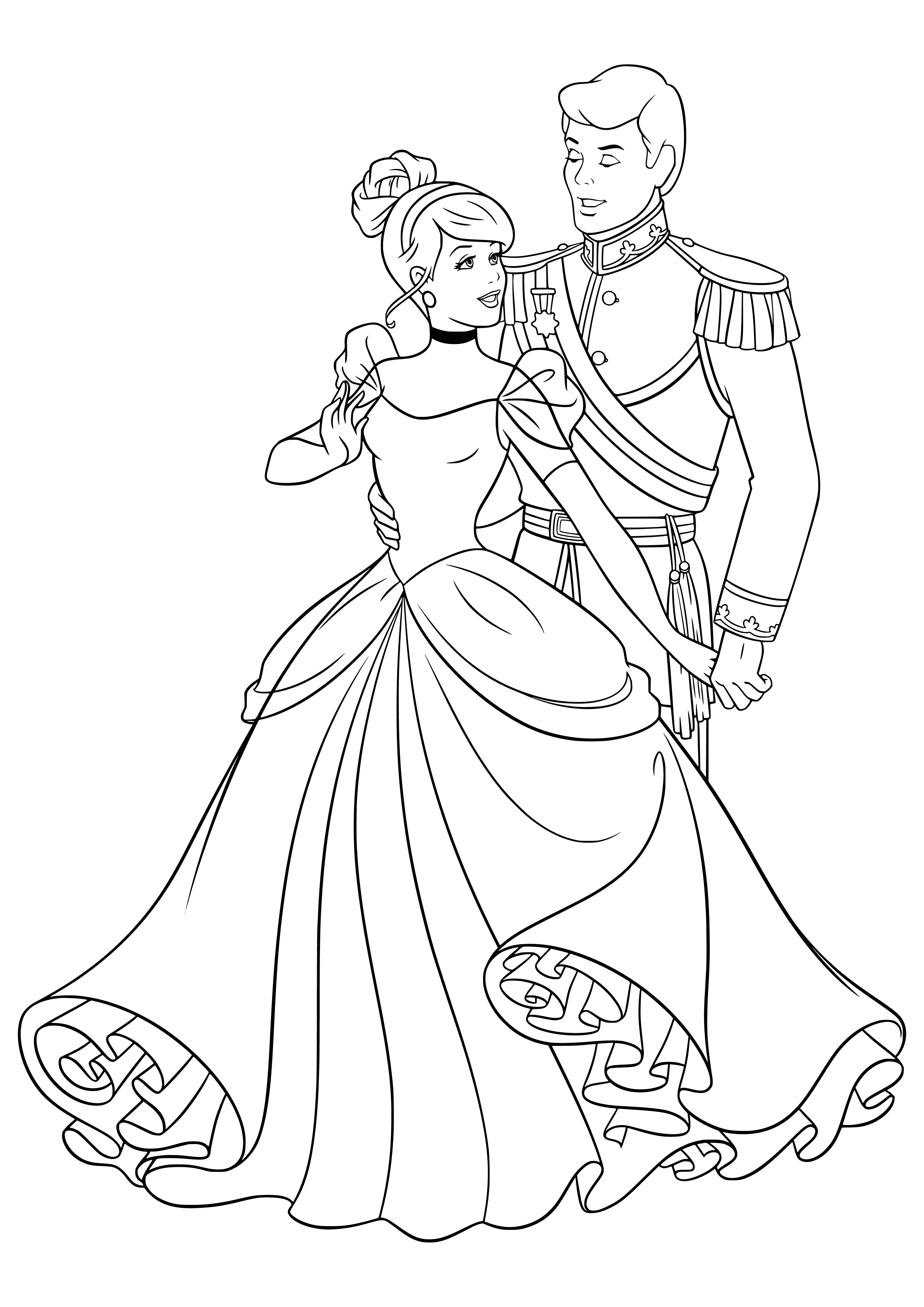coloring page: Cinderella & prince happily together on stairs. He holds her hand & she smiles.