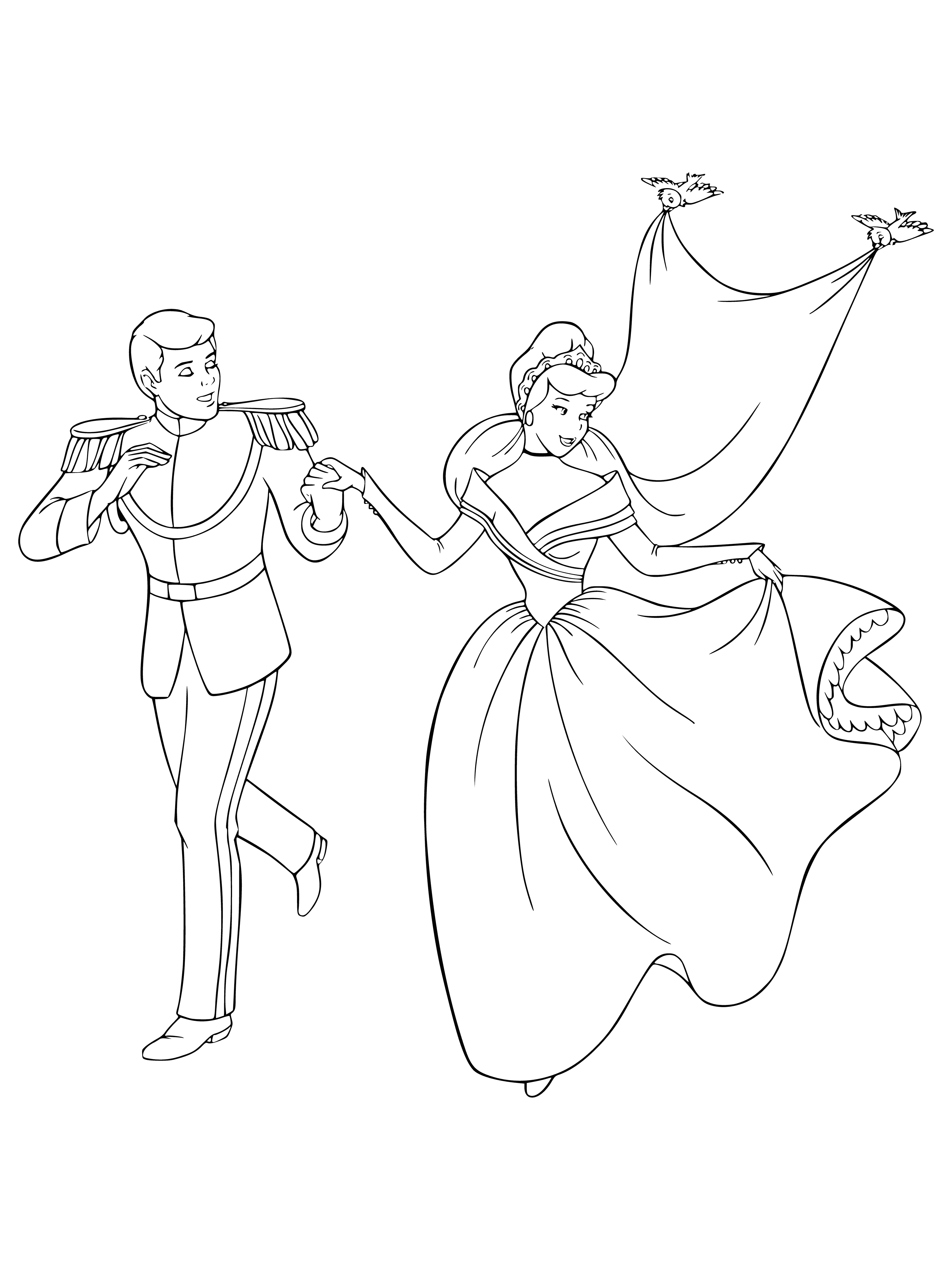 coloring page: Cinderella stands at altar marrying Prince while bluebird perches on her shoulder. Cheers & claps from guests fill the air in celebration. #happilyeverafter