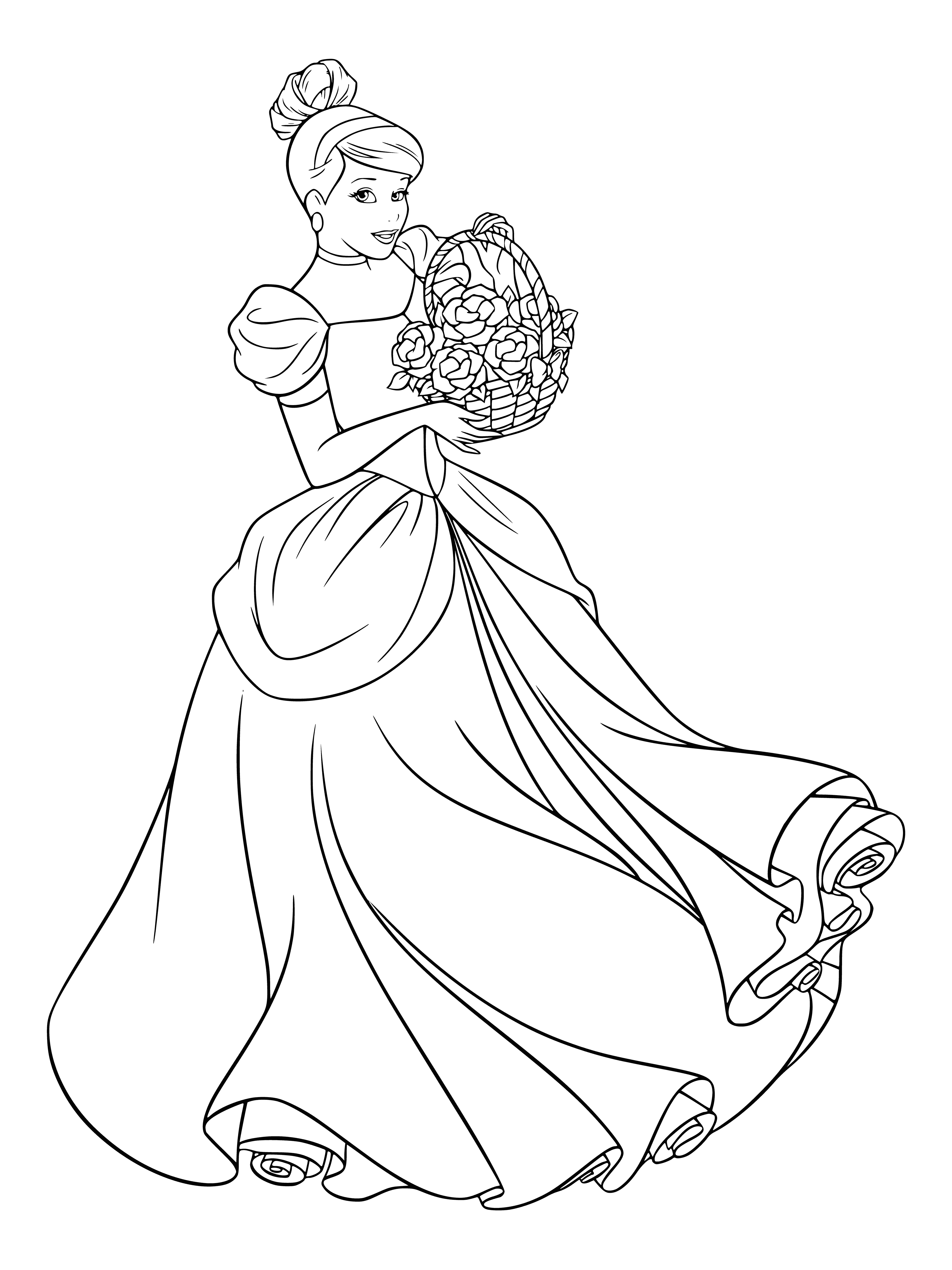 coloring page: Cinderella stands in front of a castle with a basket of flowers, wearing a blue dress and white headband. #DisneyPrincess