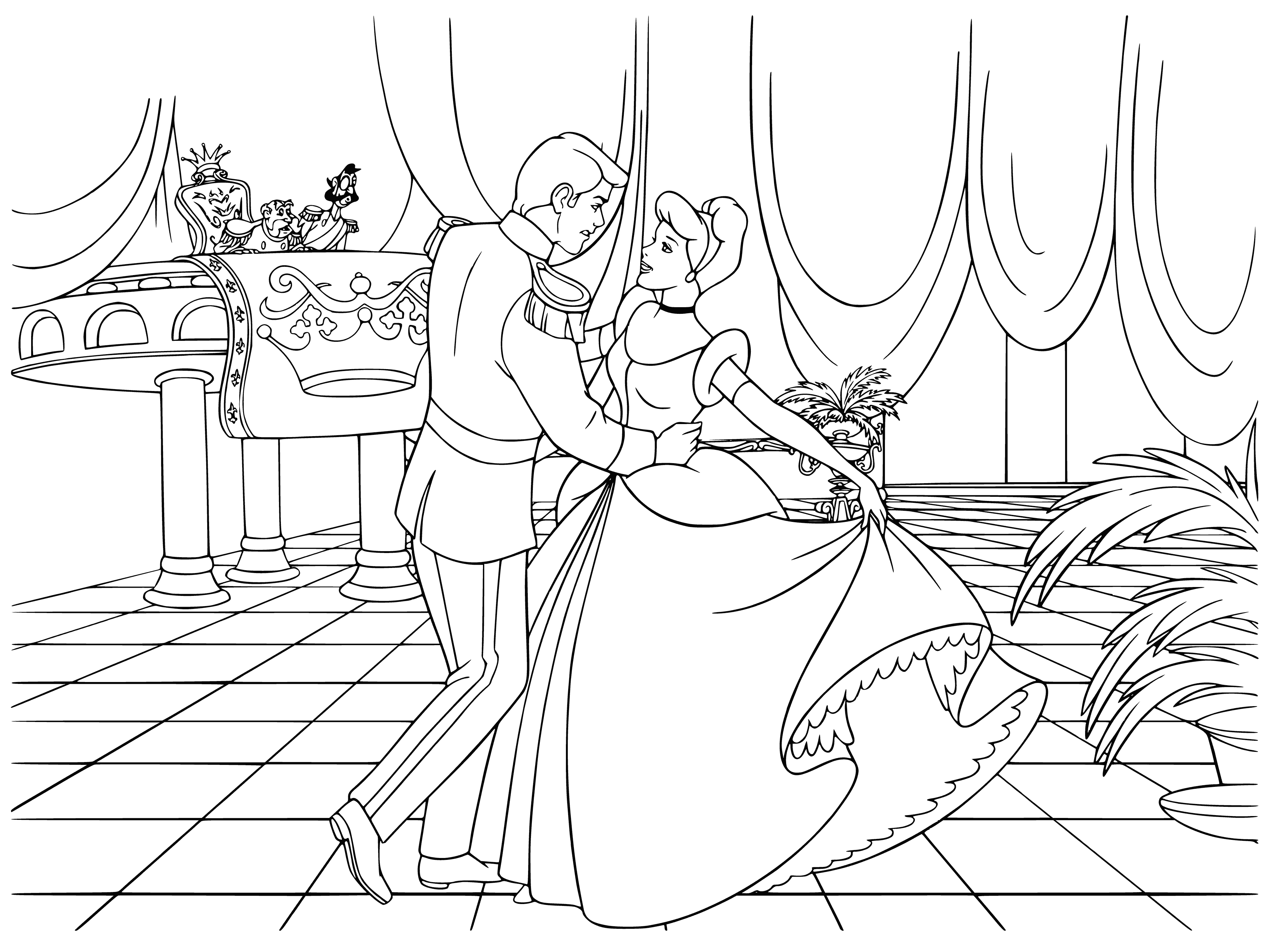 coloring page: Cinderella & prince dancing in a ballroom. She wears white dress, blue sash & shoes; he wears white shirt, vest & pants w/sword at his side.