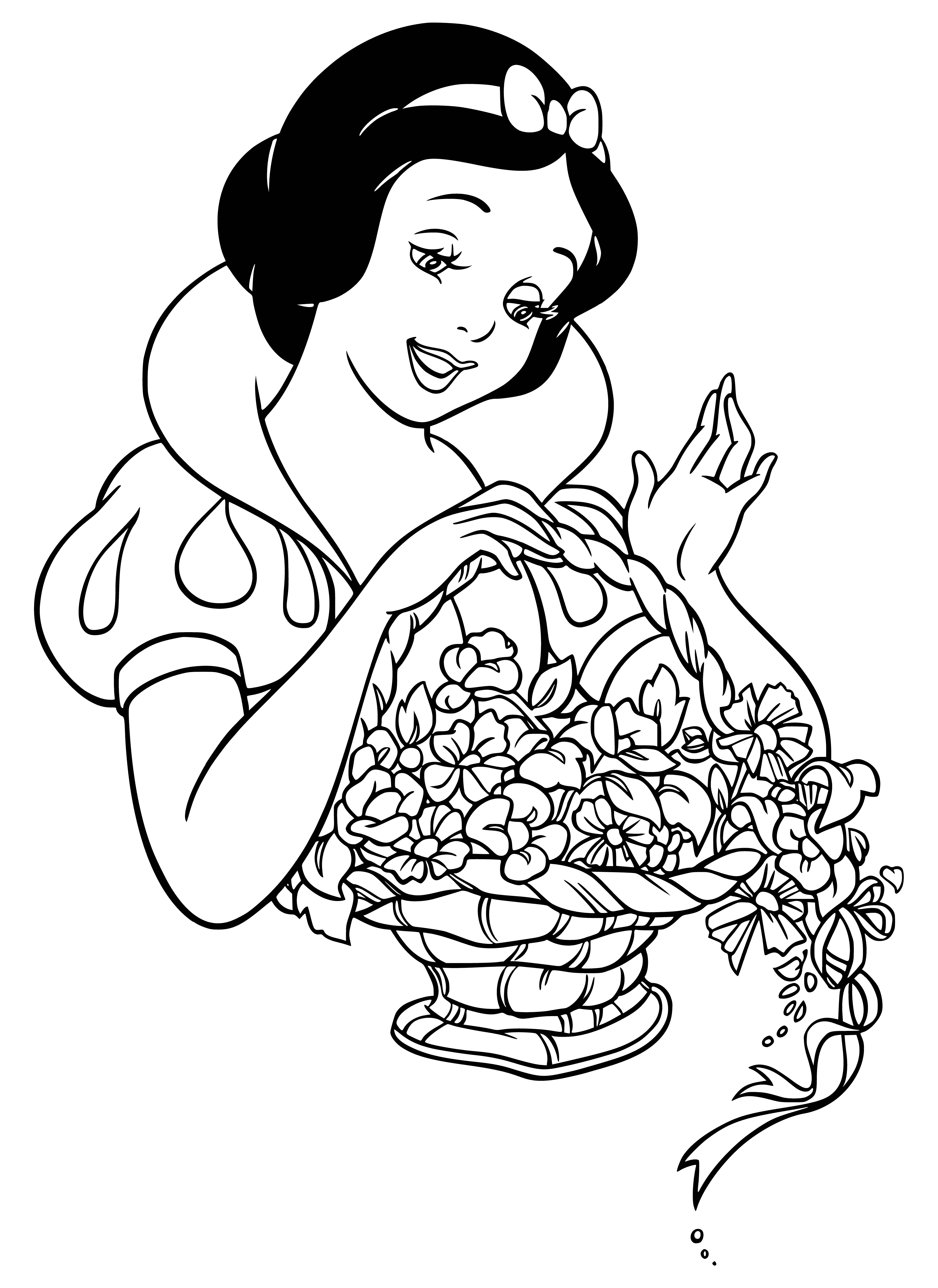 coloring page: Snow White walks through the woods carrying a basket of flowers, trailed by seven dwarfs. She wears a blue dress with a white apron, and has black hair adorned by a red ribbon.