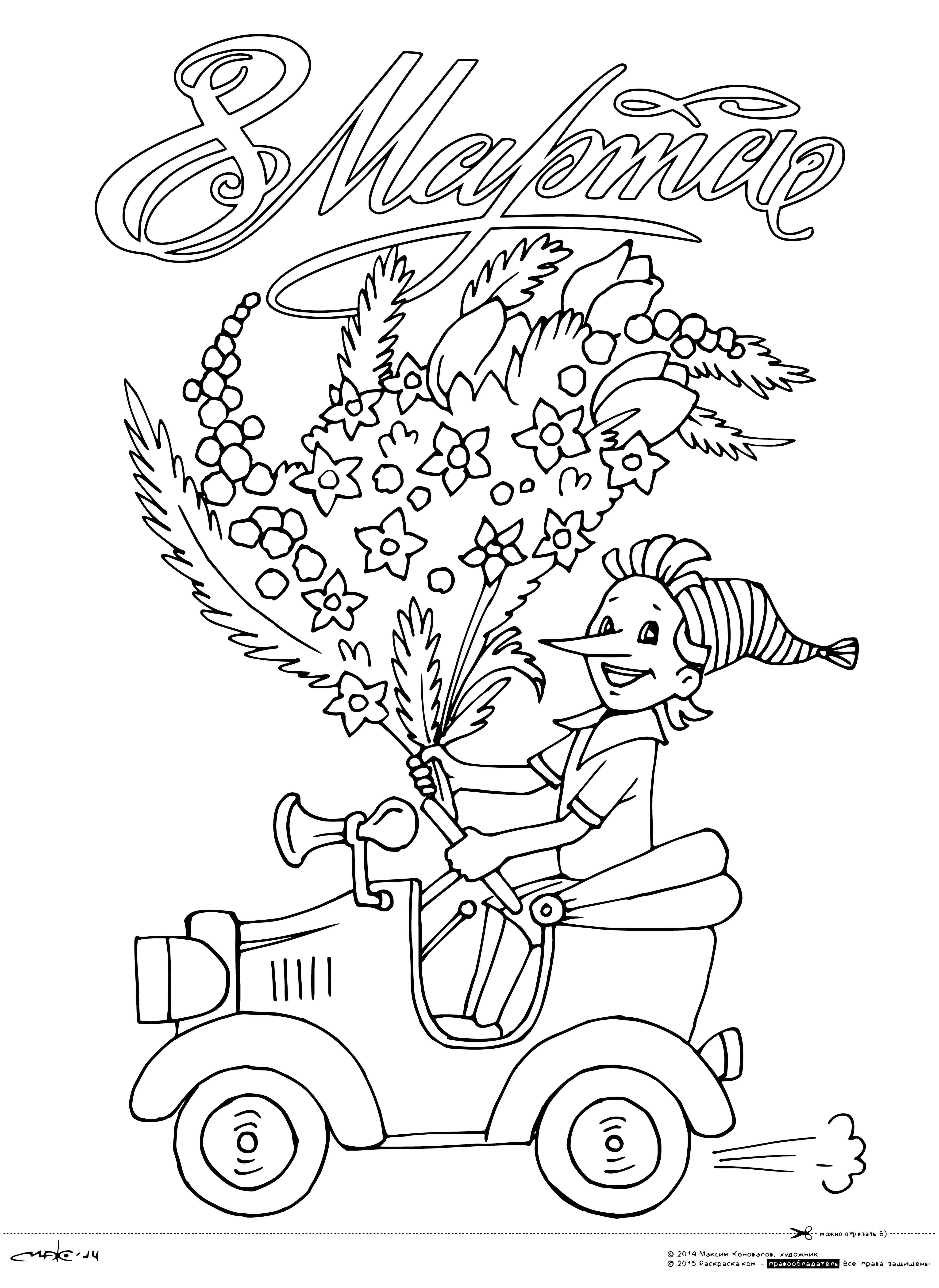 coloring page: Buratino celebrates International Women’s Day with a big smile and a "Happy Women's Day" sign.