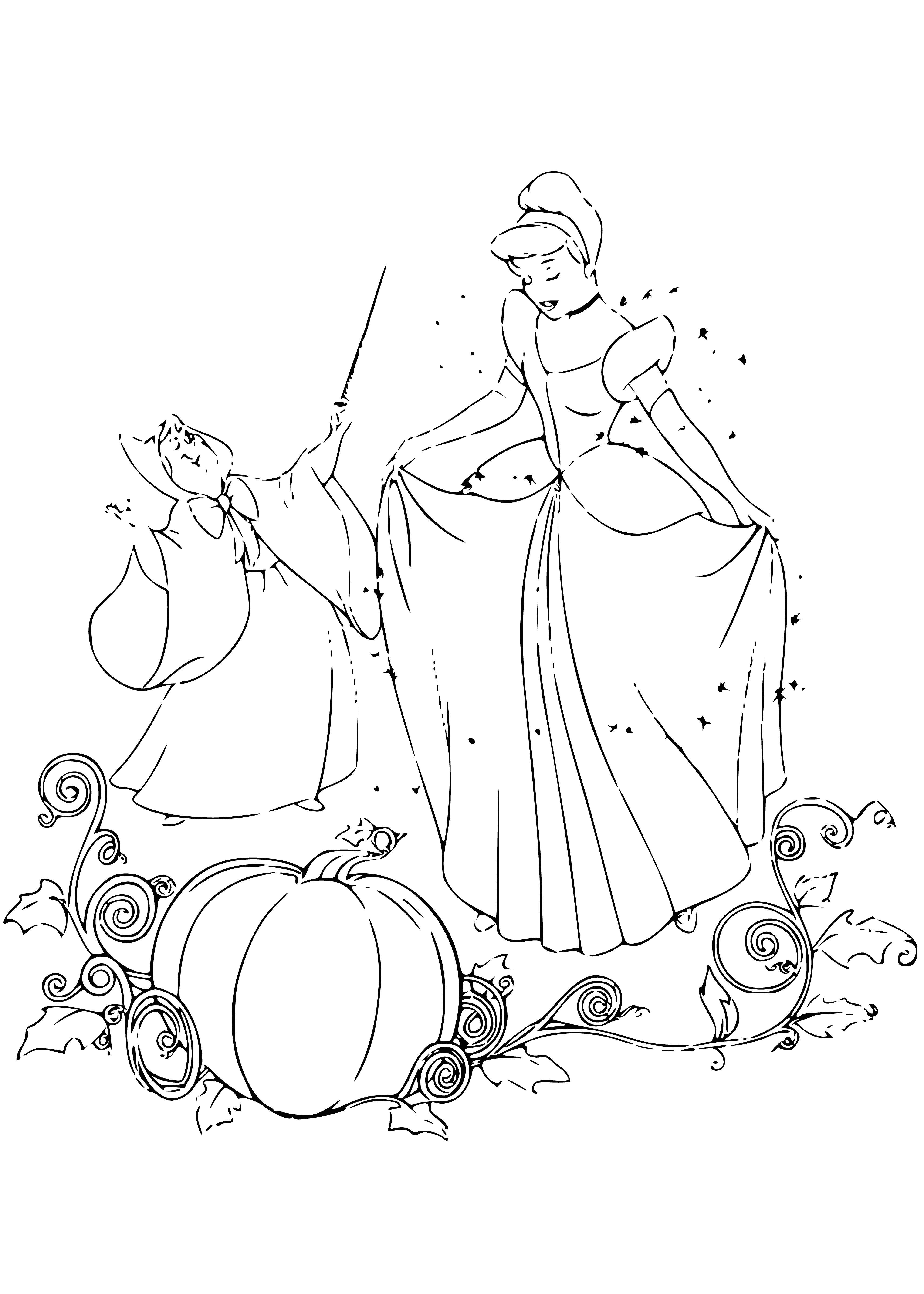 coloring page: Fairy Godmother gives Cinderella makeover into a beautiful princess w/ white gown, blue sash & hair pulled into an updo. Smiling, she looks very pleased with her work.