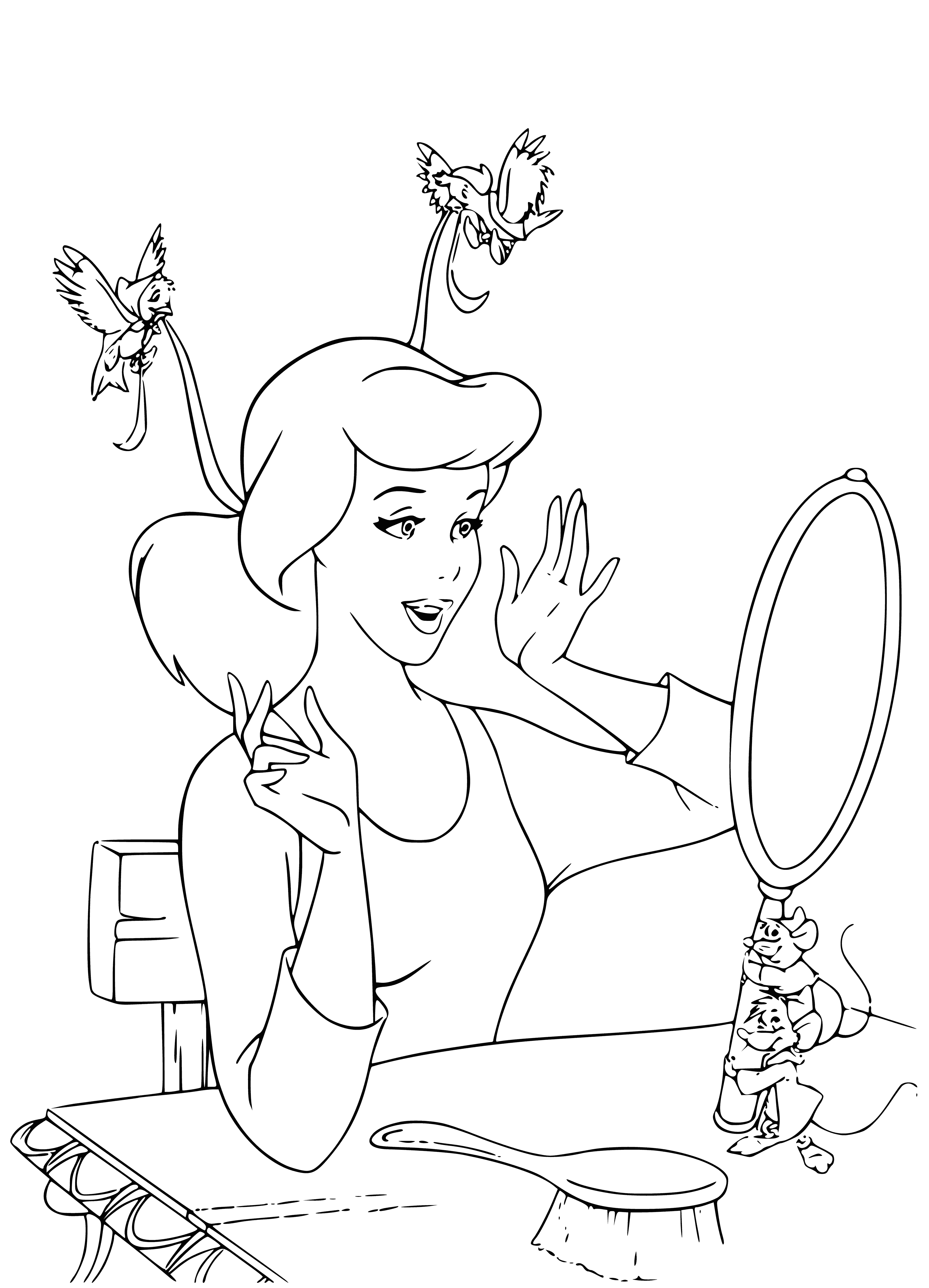 coloring page: -> Cinderella looks elegant and is excited in her dress, with her hair in an updo, in front of a mirror.