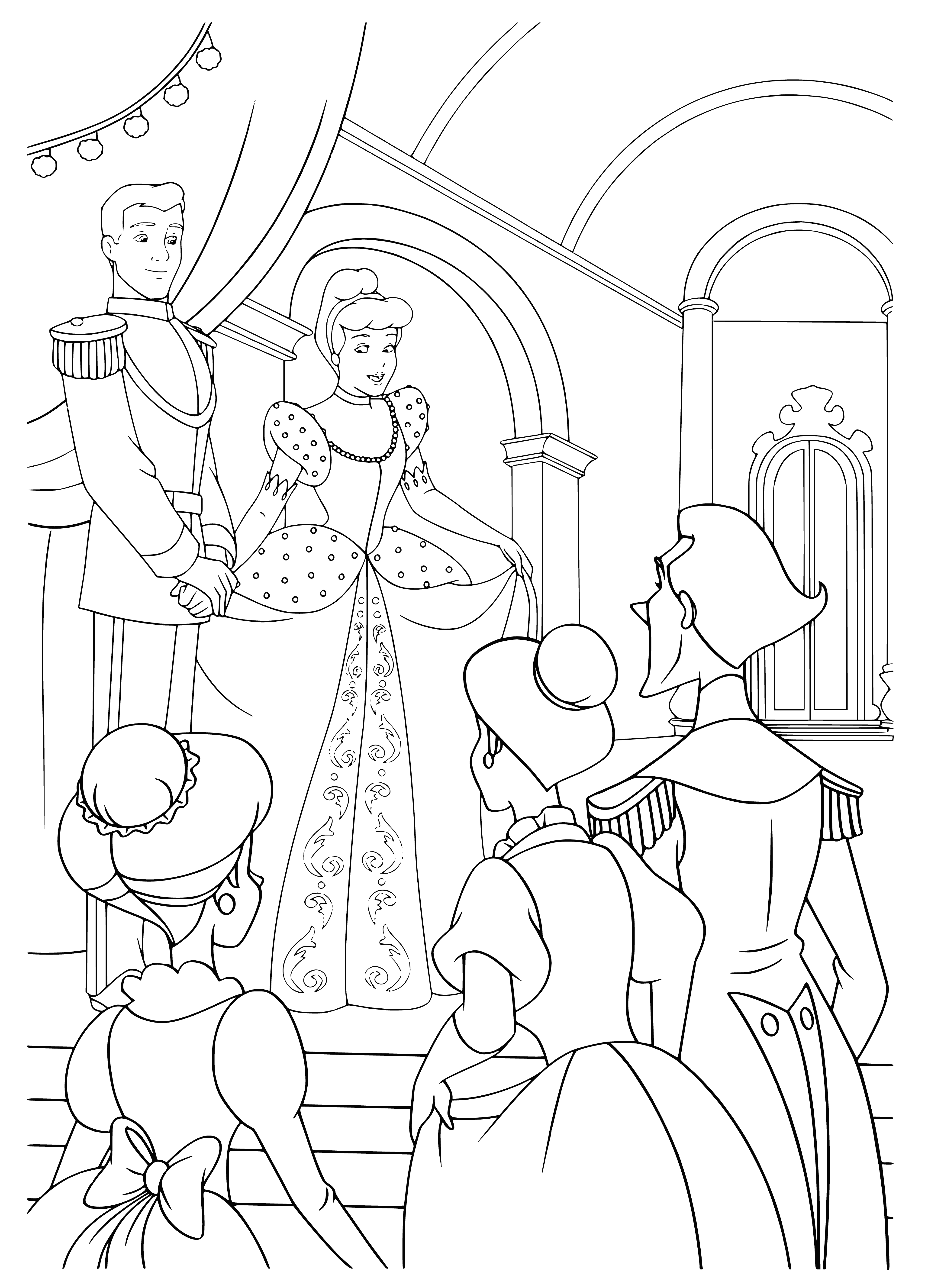 coloring page: Cinderella and the prince greet guests at their ornate door, surrounded by their happy friends. #happiness