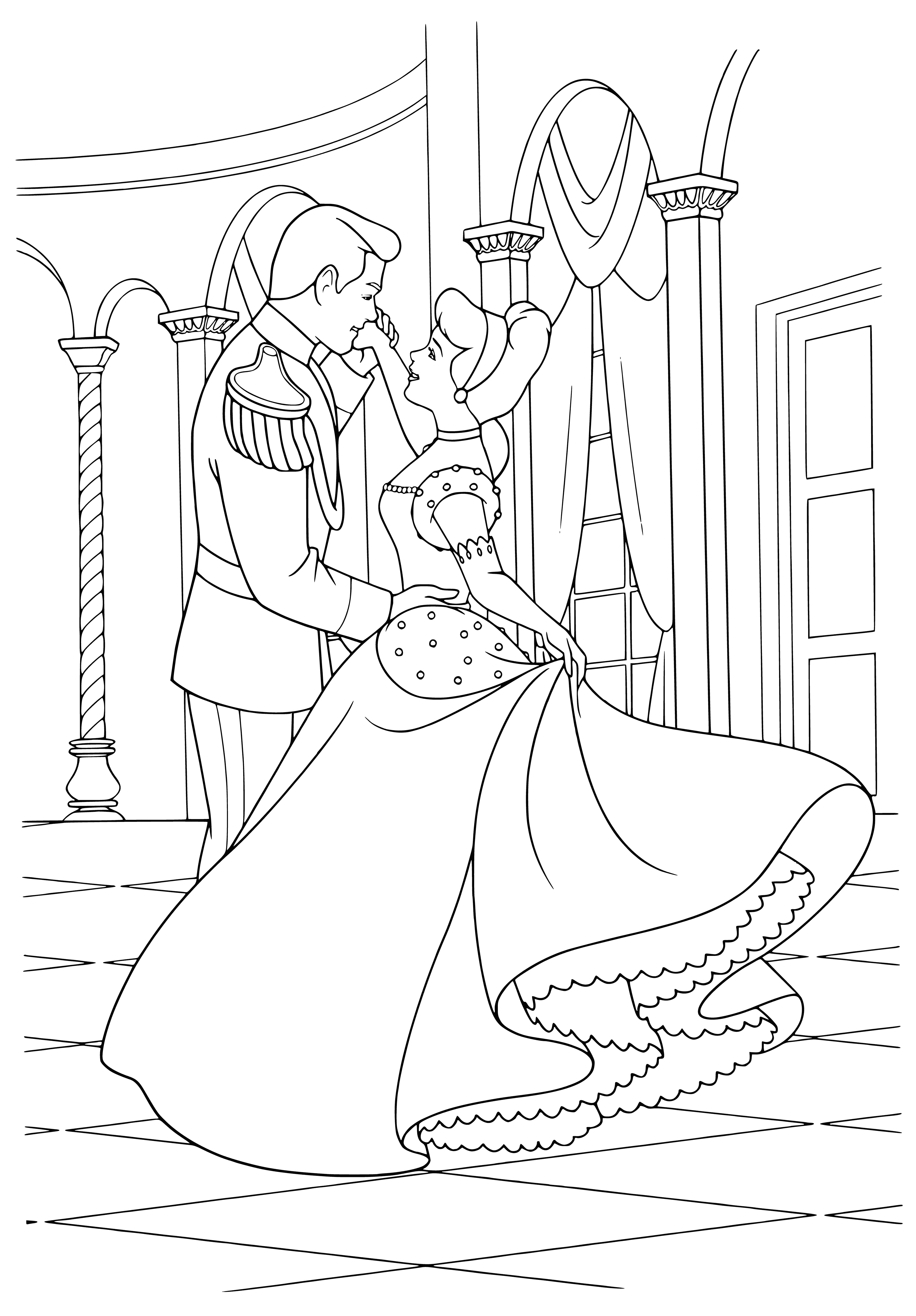 coloring page: Cinderella & Prince dancing happily in beautiful dress & suit, both with big smiles on their faces.