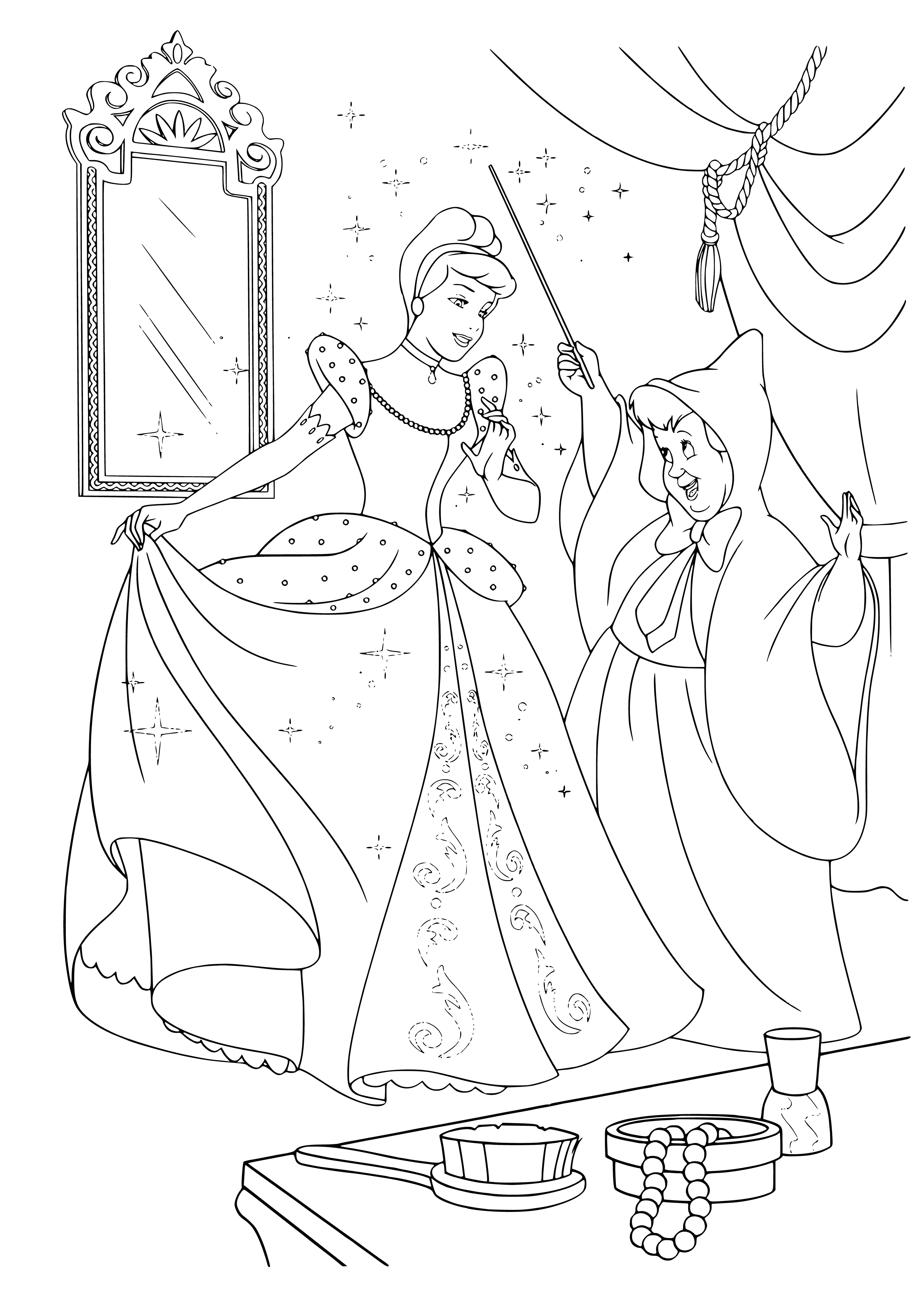 coloring page: Cinderella has a new white dress w/ high neck + light blue skirt & shoes w/ white bow - signature look!