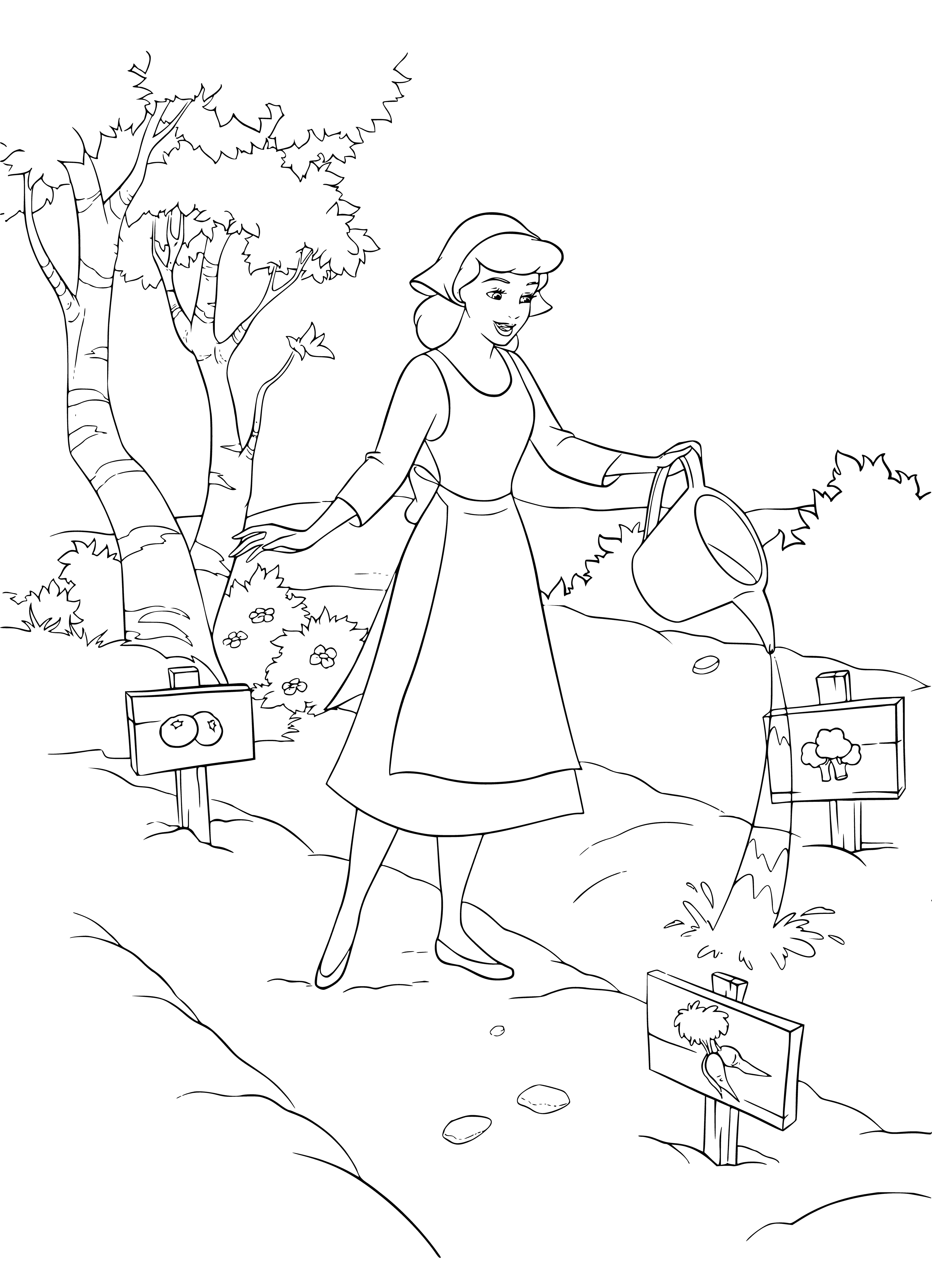 coloring page: Cinderella waters the garden, wearing a blue dress and white apron. A castle is in the background.