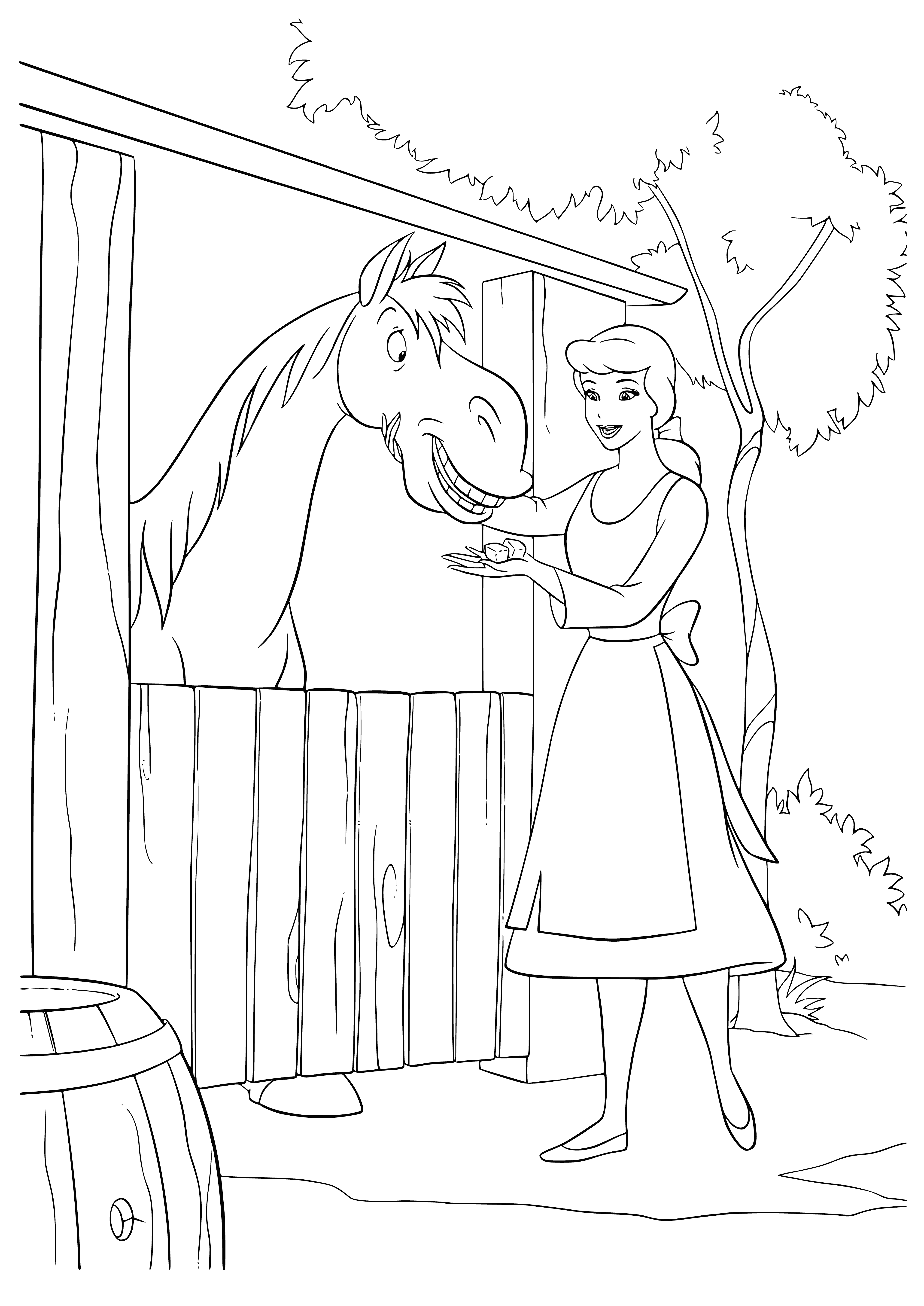 coloring page: Cinderella feeds a horse from a bucket in a light blue dress and her hair in a bun. She looks happy!