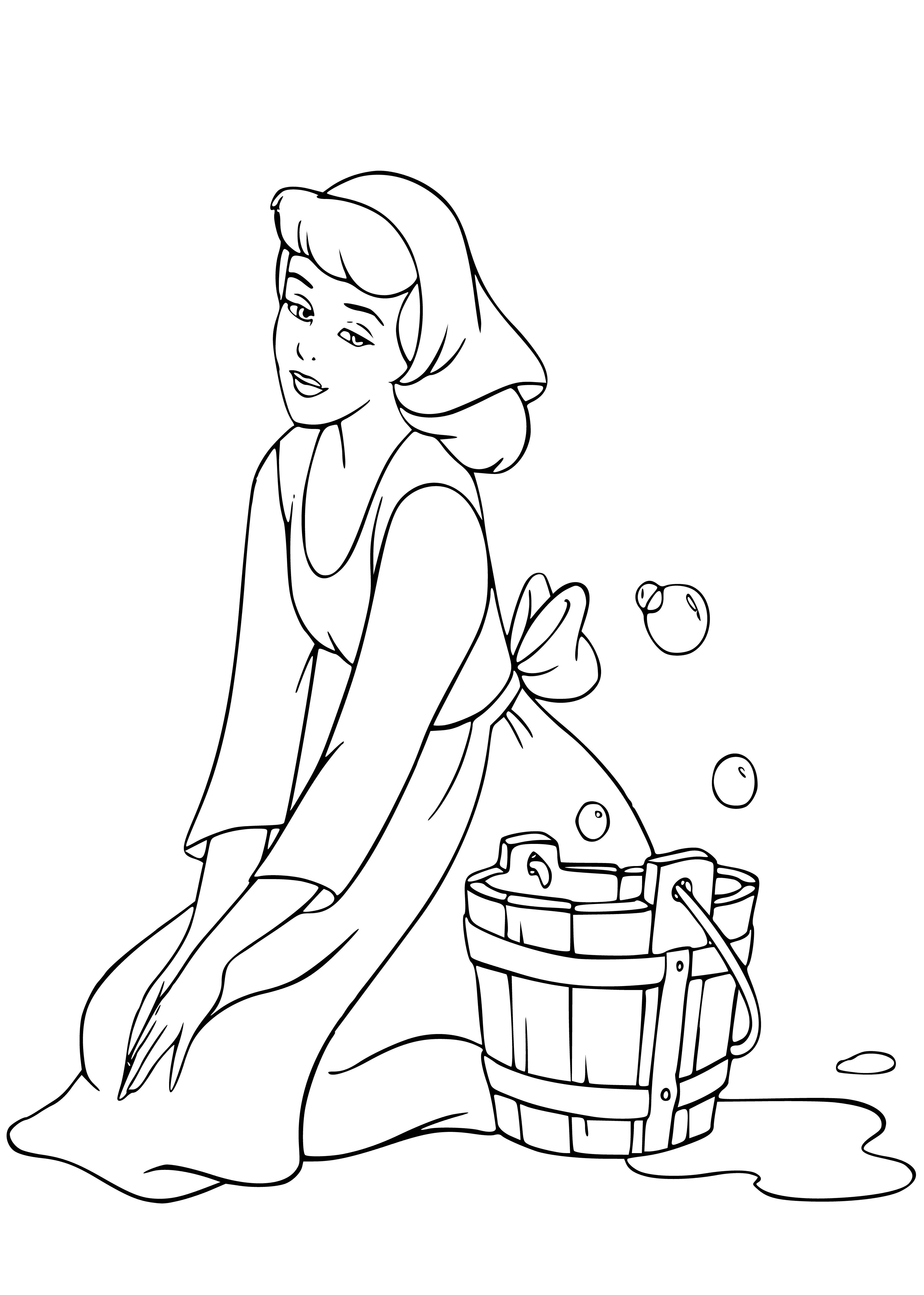 coloring page: Cinderella stands in a pink dress and white apron, scrubbing dishes. Nearby a small stool, with a blue scarf around her head.
