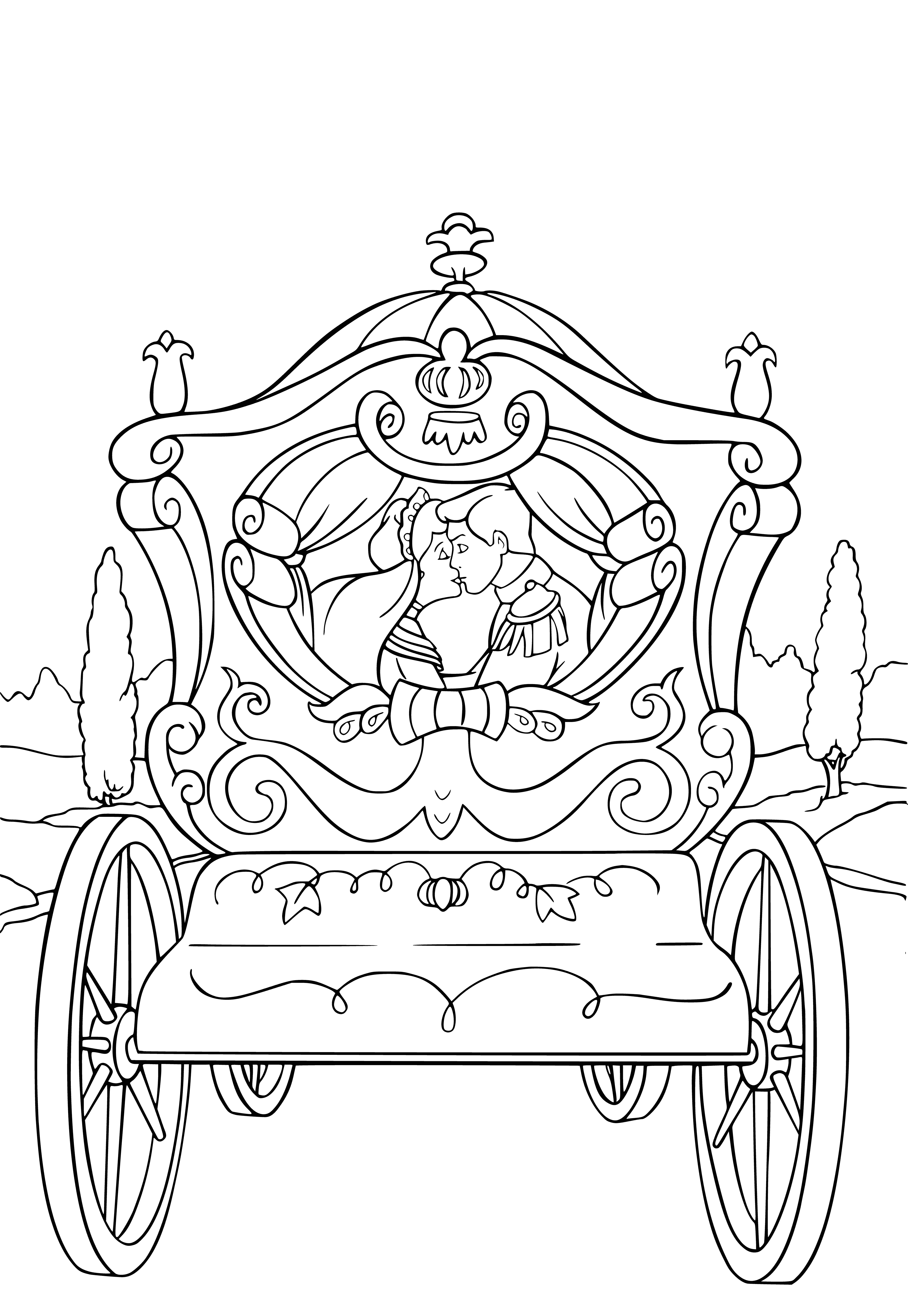 coloring page: Cinderella and prince are in a beautiful carriage, Cinderella in a blue gown, prince in a red cape. Smiling & happy.